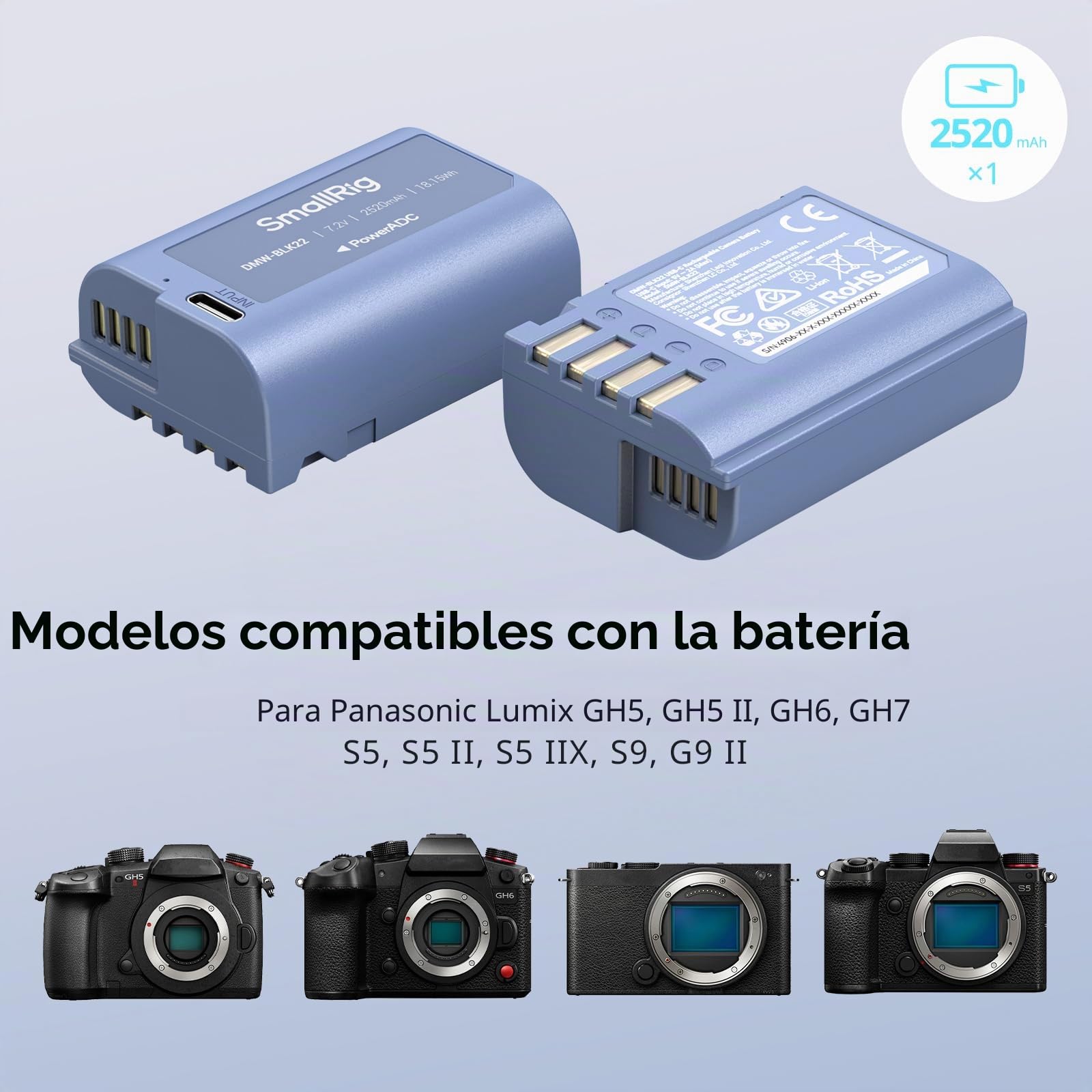 SMALLRIG Batería Compatible con DMW-BLK22 de Repuesto de 2520mAh con Puerto USB-C,Battery Completamente Cargada Durante 2,5h para Panasonic LUMIX S5,S5II,GH7,GH6,GH5,S9,S9II,S5 IIX,Azul - 4906