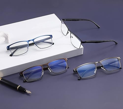 Miniatura 7 de Paquete de 4 lentes de lectura con bloqueo de luz azul para hombres, elegantes lectores de marco de metal con bisagras de resorte cómodas, anteojos