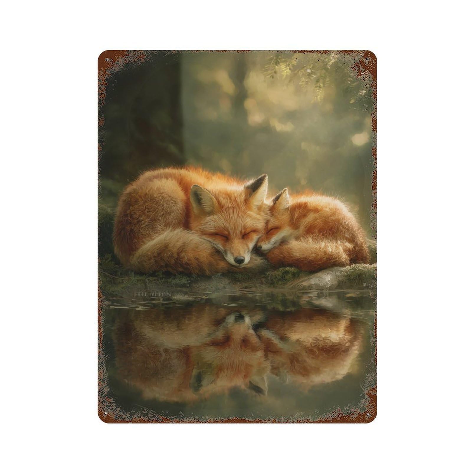 Foxes Resting in Nature Vintage Rust Metal Sign 15.7"x11.8", Shabby Chic Decor for Living Room, Hallway And Home Decor
