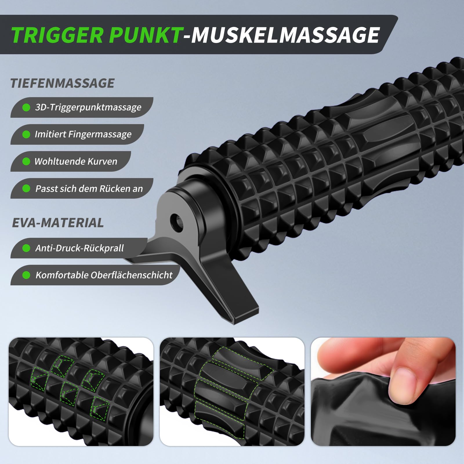 Rodillo Masaje Muscular, Eva Foam Roller con Soporte, Fitness Rodillo de Espuma para Yoga, Pilates y Alivio de Tensiones, Masaje de Espalda, Piernas, Aliviar el Dolor, Entrenar los Músculos (Negro)