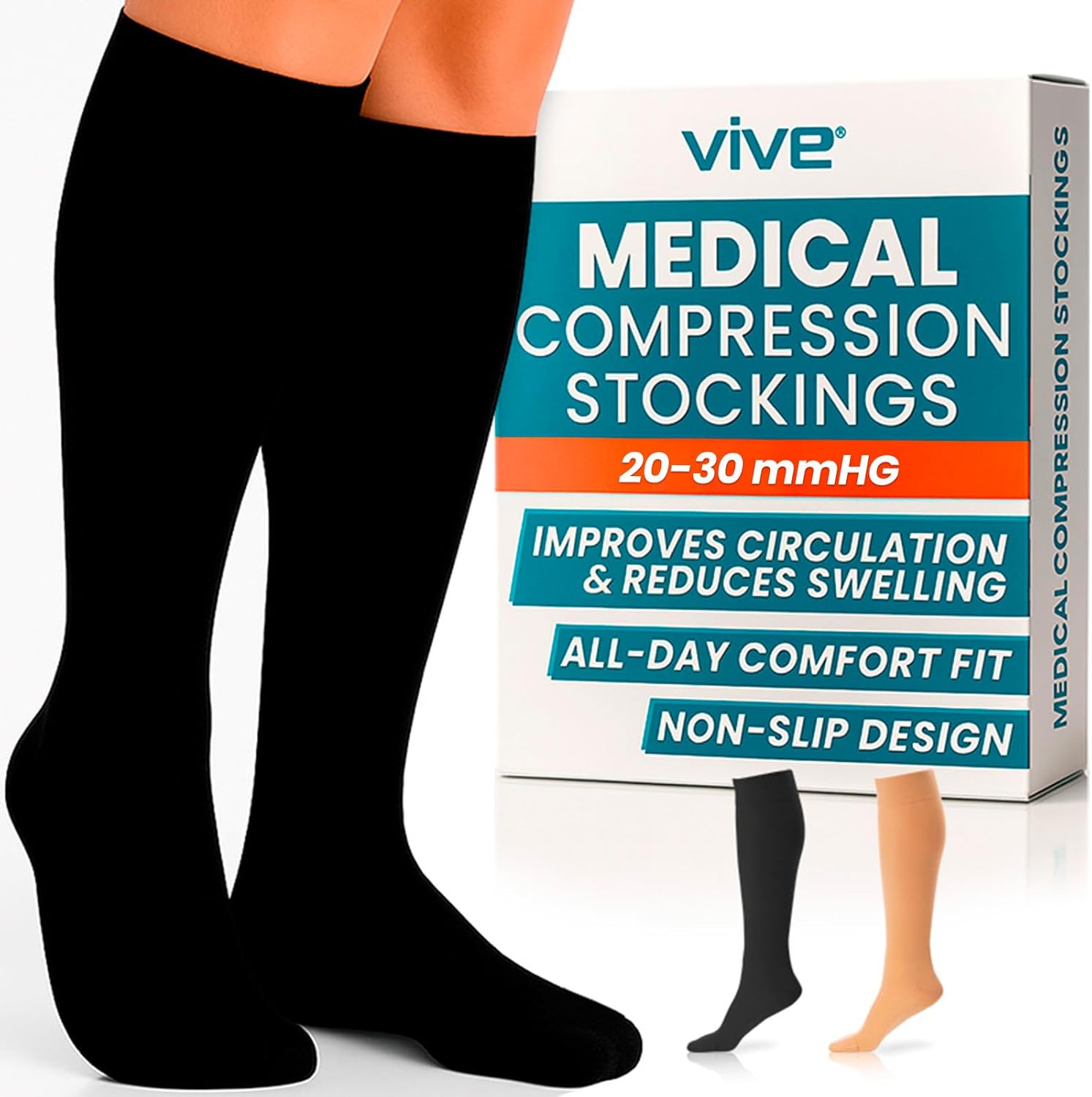 Vive Medical Compression Stockings - 20-30mmHg Knee High Socks for Varicose Veins - Support Stockings for Women/Men - Graduated Compression For Anti Embolism, Post Surgery, Swelling, Soreness