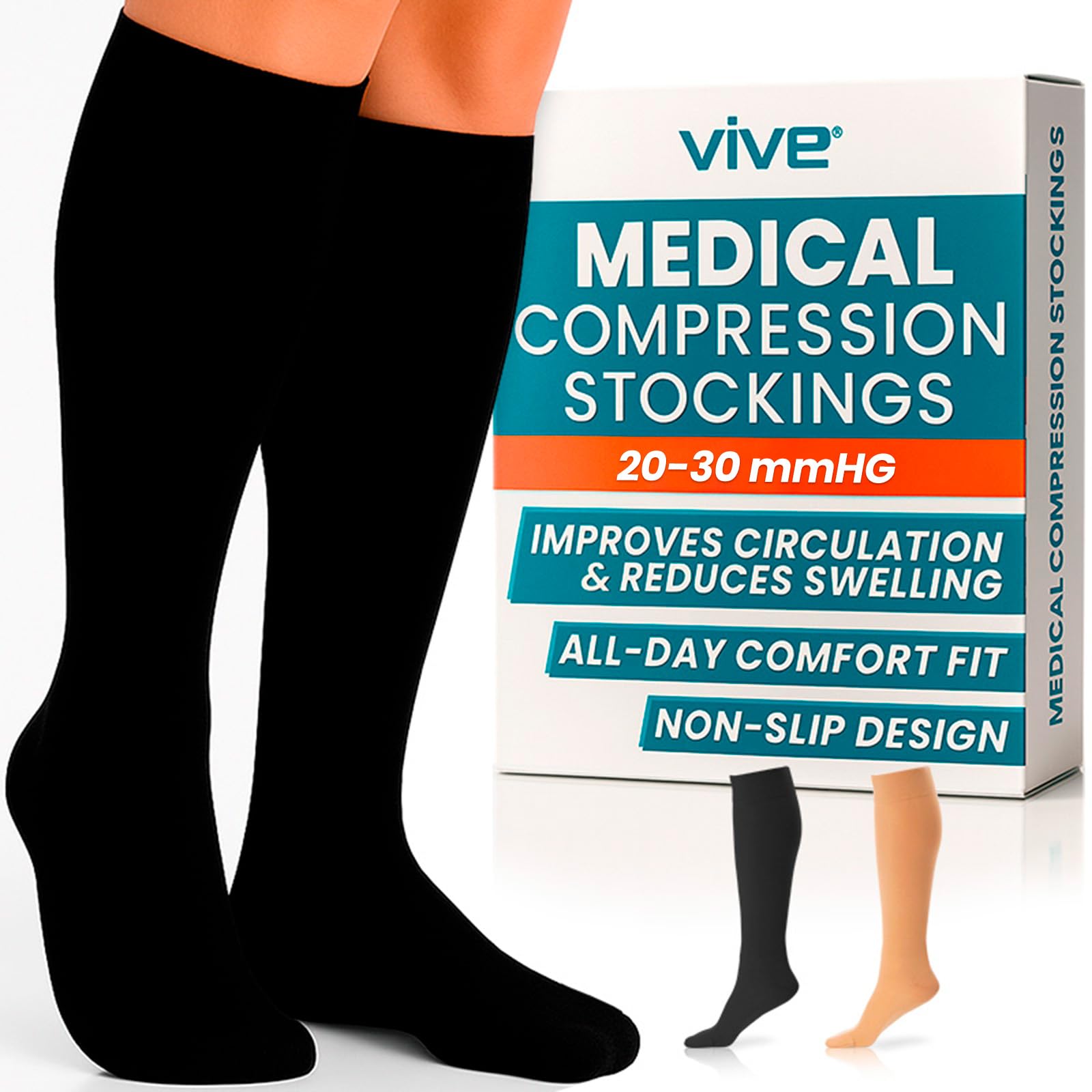Vive Medical Compression Stockings - 20-30mmHg Knee High Socks for Varicose Veins - Support Stockings for Women/Men - Graduated Compression For Anti
