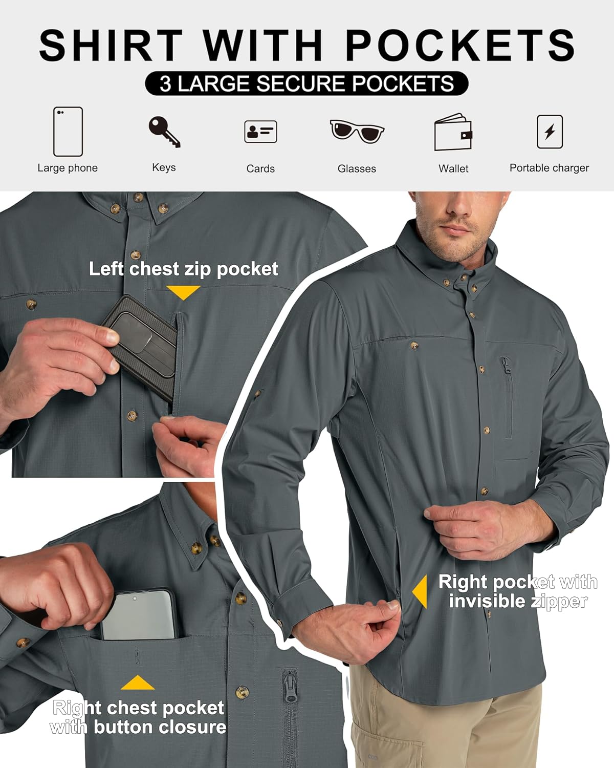 33,000ft Men's UPF 50+ UV Protection Long Sleeve Hiking Shirts Breathable Quick Dry Fishing Shirts for Safari, Outdoor - Image 2