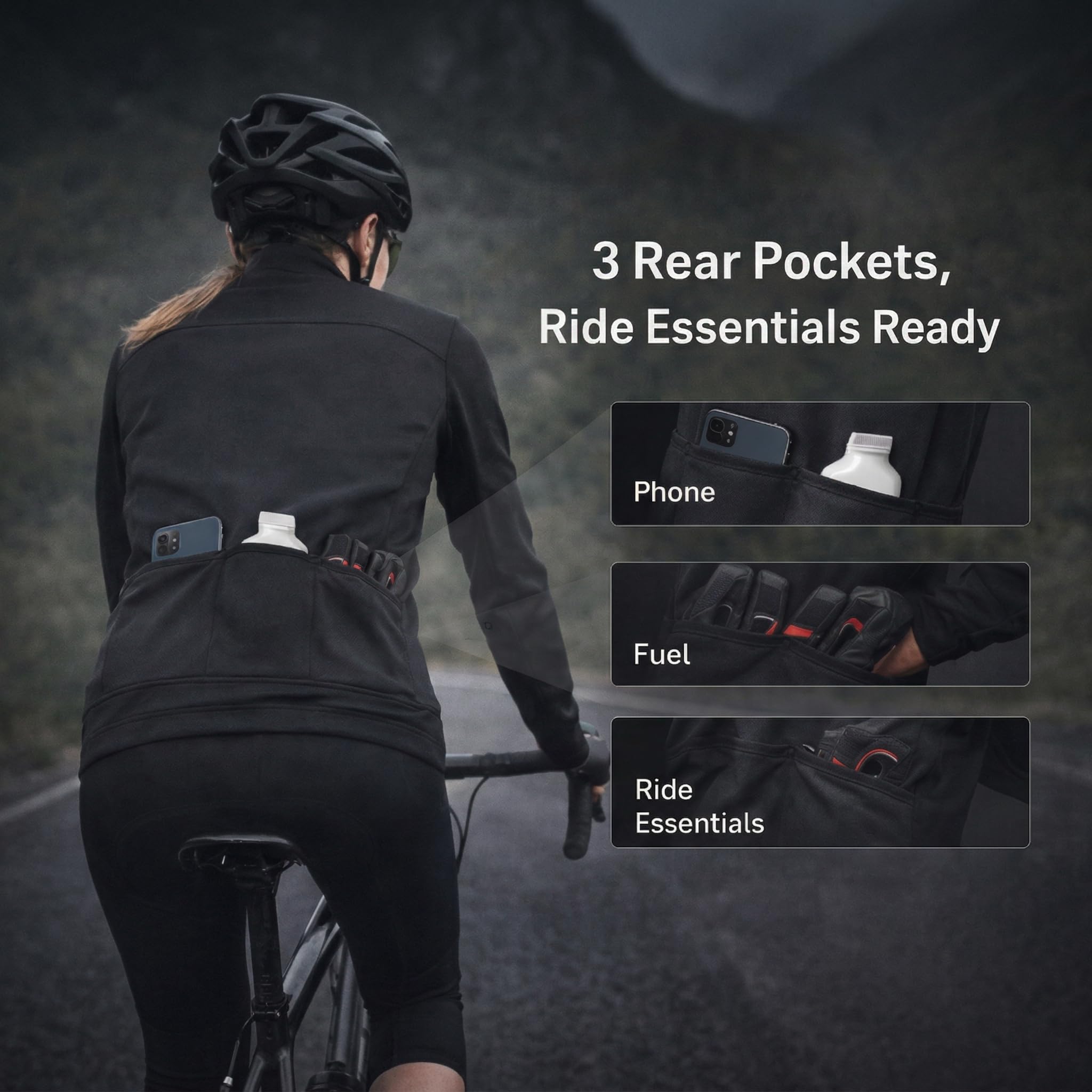 Przewalski Radtrikot Damen, Thermo Fahrradbekleidung Damen mit 3 Rückentaschen für Straße und Bergfahrten