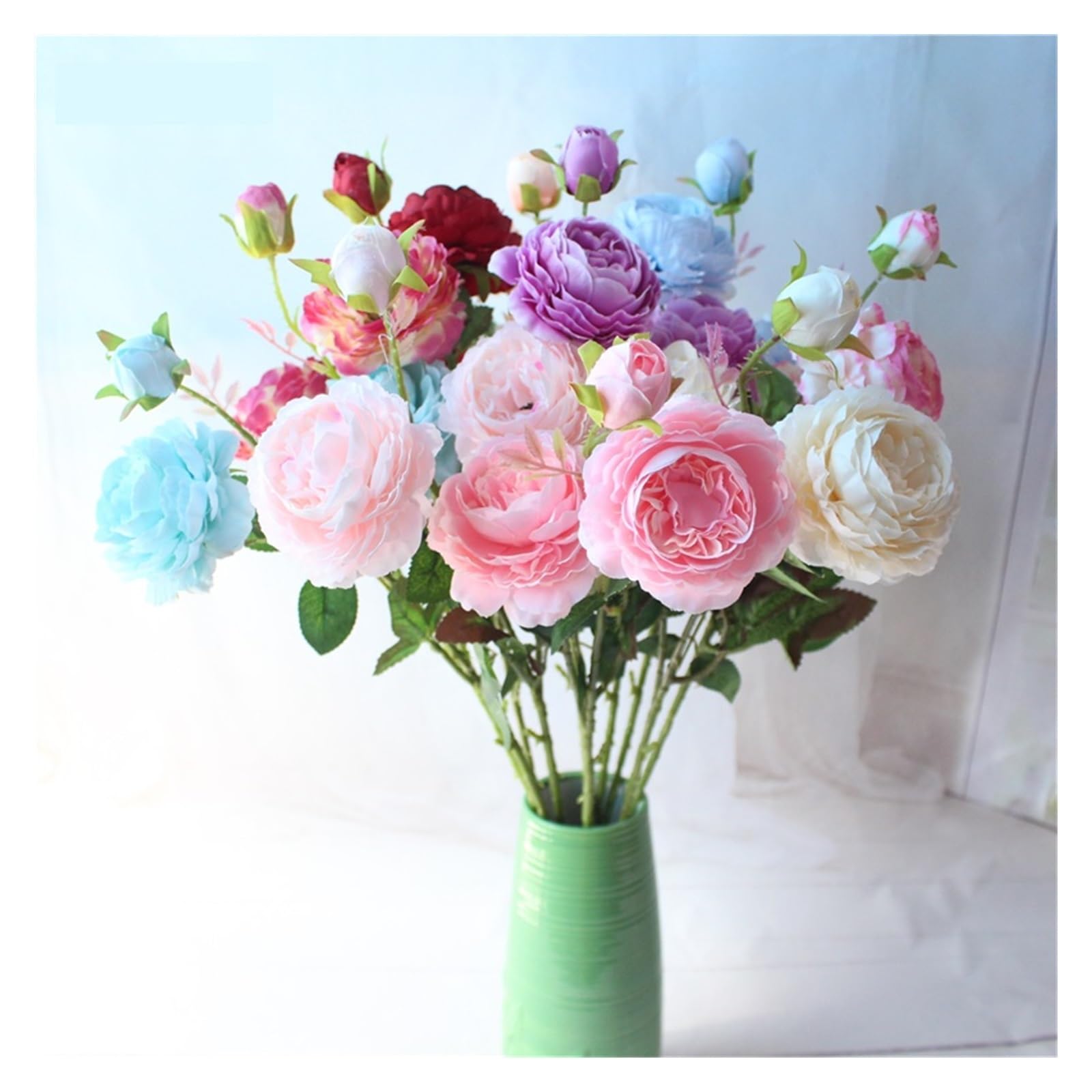 Fiori Finti Simulazione Fiore Bouquet di Rose Seta Artificiale 3 Teste Bouquet da Sposa peonia Composizione Floreale Decorazione di Nozze for Feste a casa Rosa centrotavola(Green)