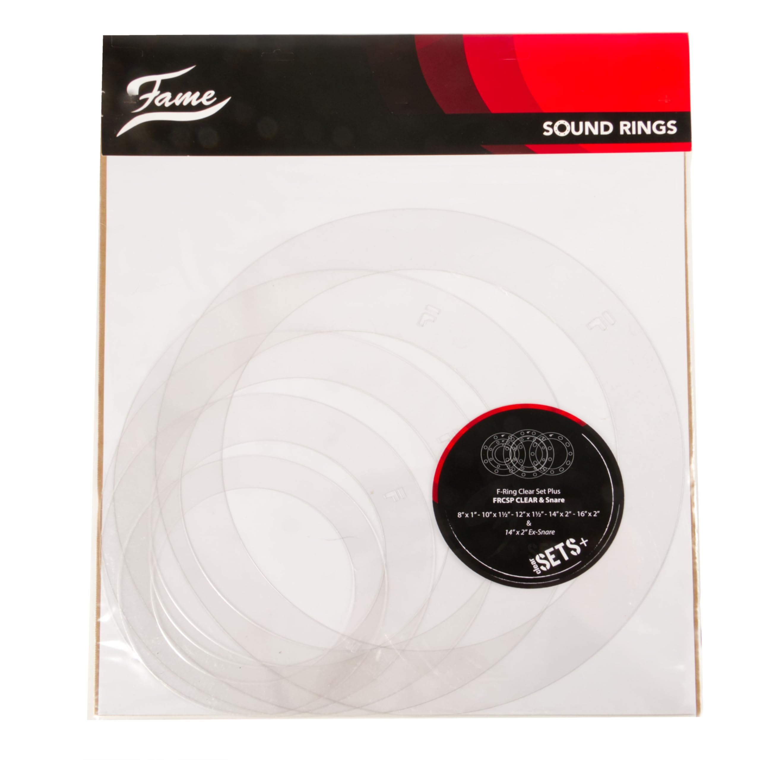 Fame FRCS Clear Dämpfungsring Set, Drumfelle Zubehör, Kunststoff, Transparent, Schlagzeug, 8", 10", 12", 14" x 2, 16", Trockener Sound, Klarer Attack, Definierter Klang, Sekundenschneller Einsatz