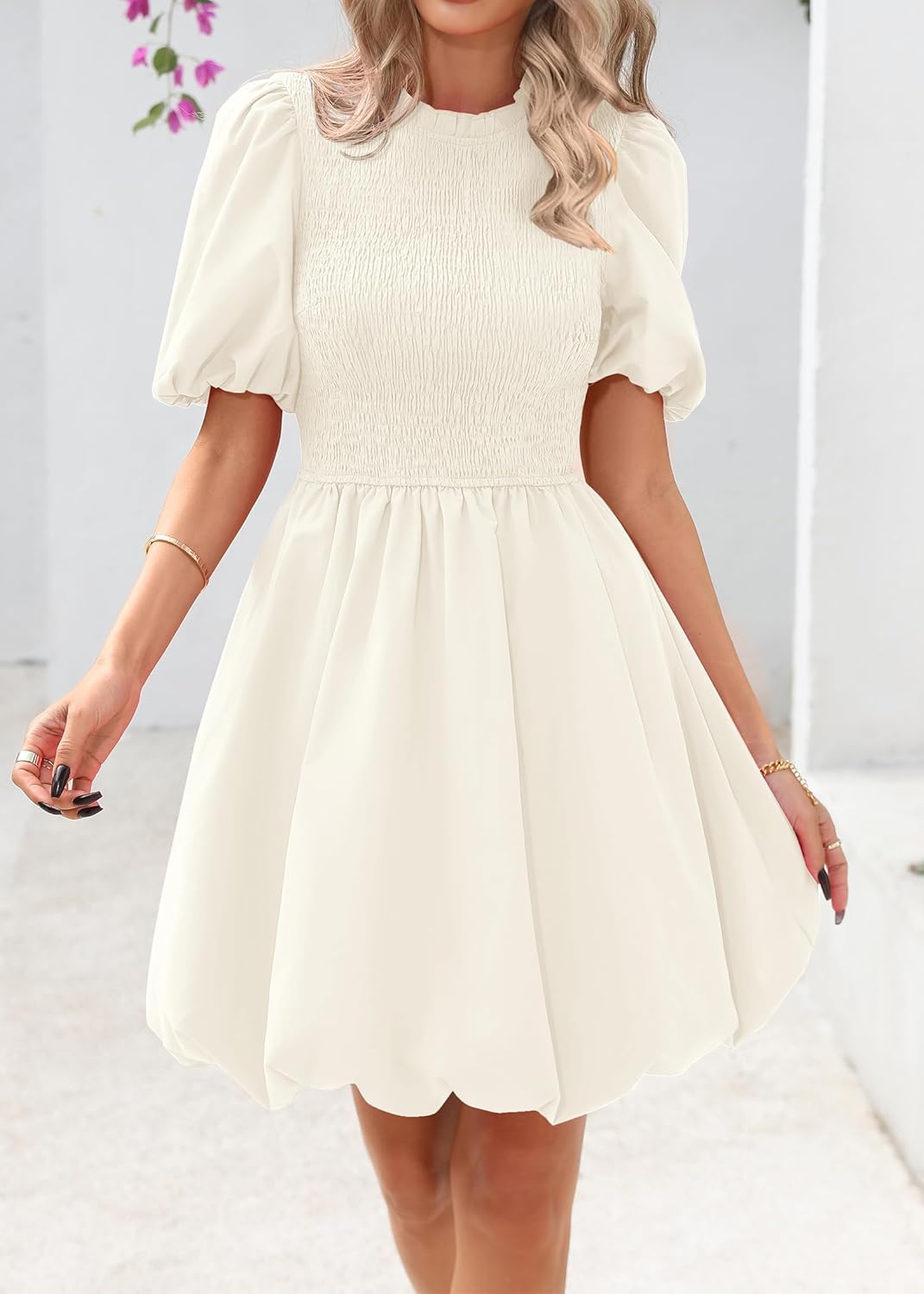 KIRUNDO Womens Summer Smocked Mini Dress 2025 Spring Puff Short Sleeve Boho Ruffle Crewneck Bubble A Line Short Dresses - Image 3