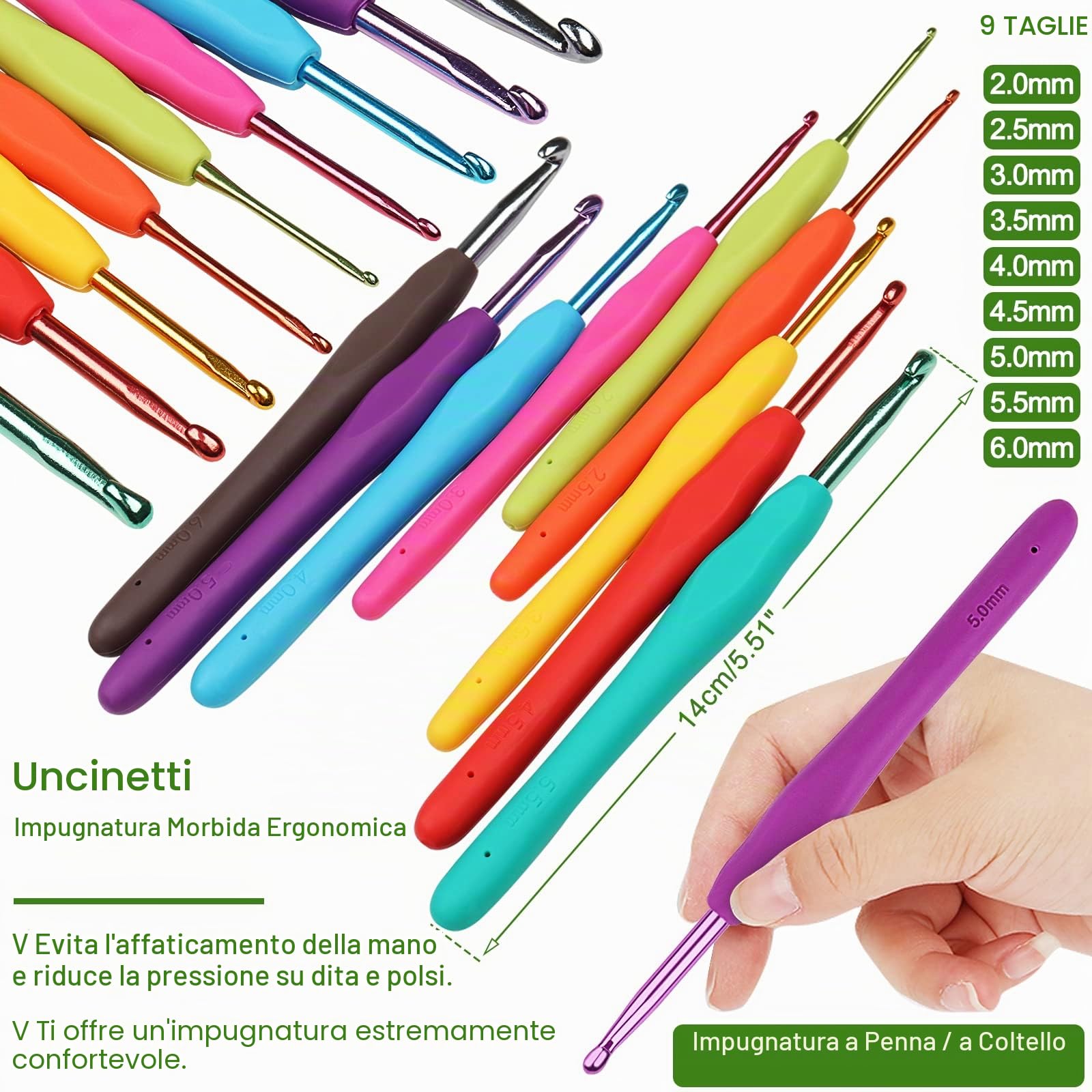 Coopay Set di uncinetti ergonomici in metallo 0,6-6 mm per principianti con accessori e custodia