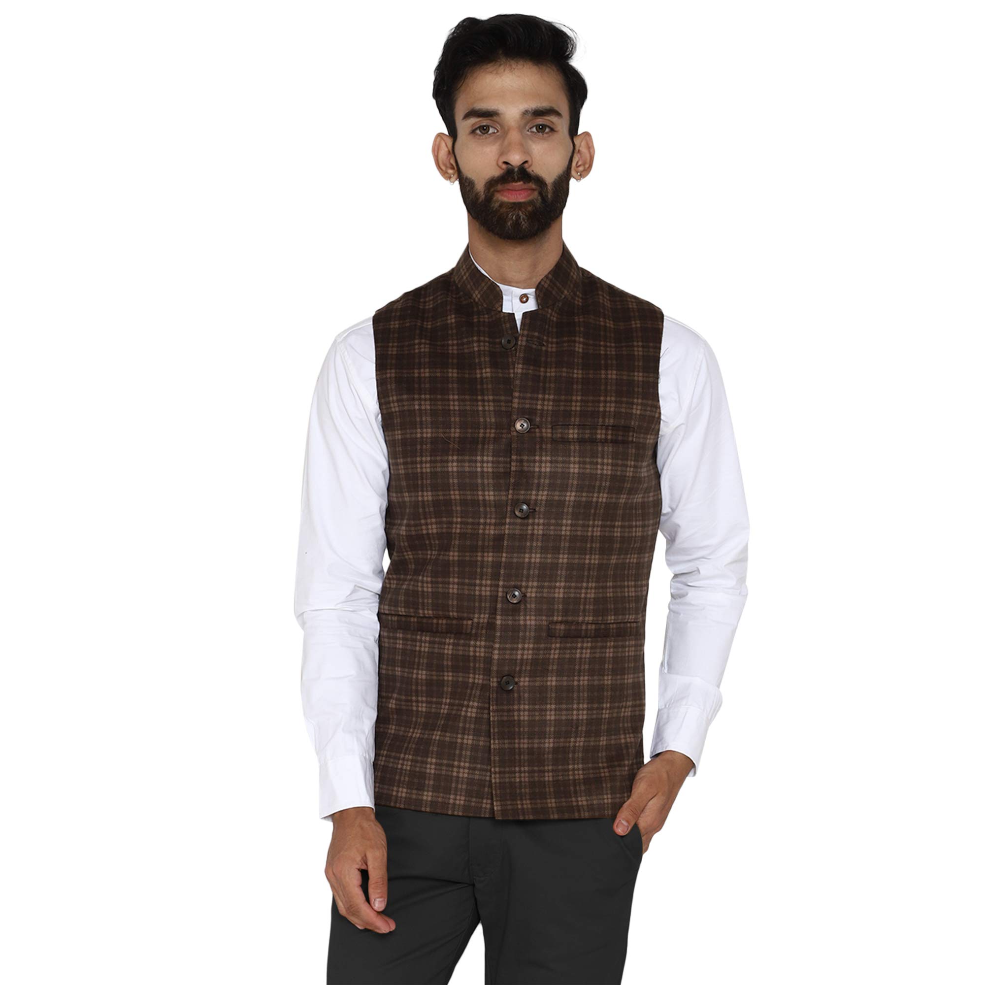 essentiele Men's Olive Green Checkered Wool Bandhgala Ethnic Nehru Jacket-picture-3