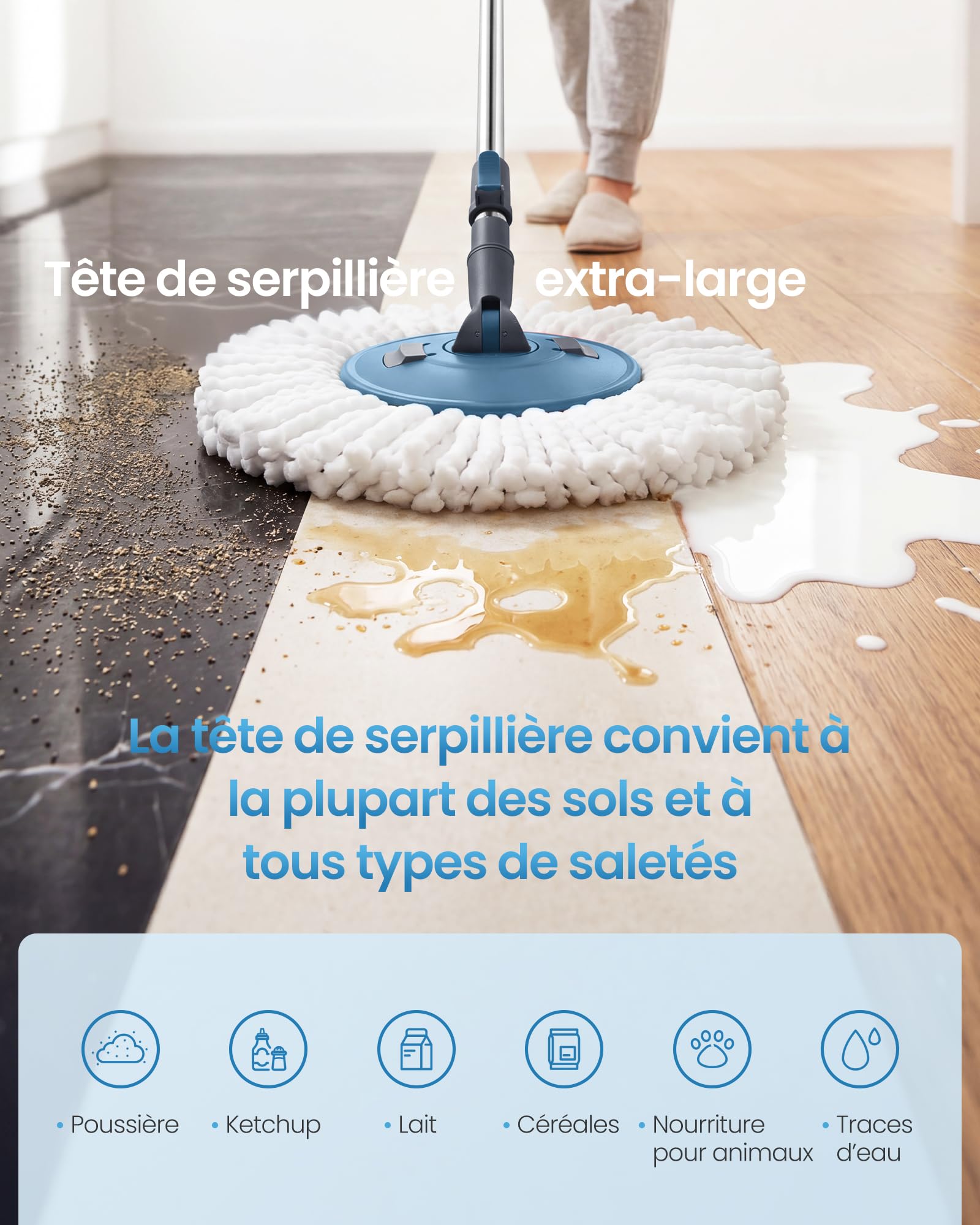 SONGMICS Ensemble Serpillère et Seau, avec Essoreur Rotatif, Balai Serpillière, Seau à Pédale, Manche Télescopique 122,5 à 150 cm, Tête Rotative 360°, 3 Chiffons Microfibres, Bleu et Gris LMB002QT03
