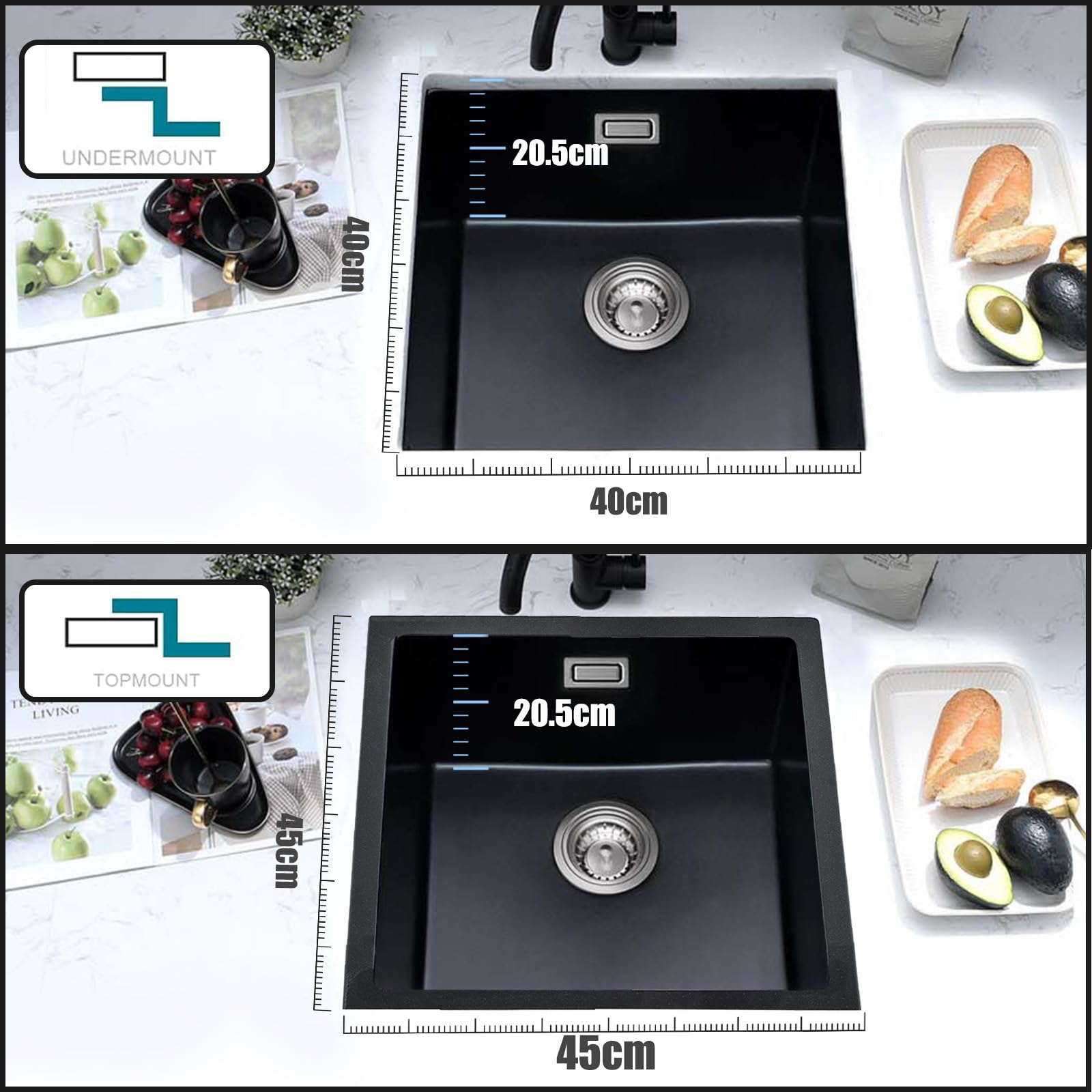 Lavello da Cucina 45 x 45 cm, Lavandino Cucina in Granito, iAnomla Nero Vasca Singola da incasso adatto per mobili sottolavello da 45 cm di larghezza, Lavabo Cucina Nero con Sifone, Moderno