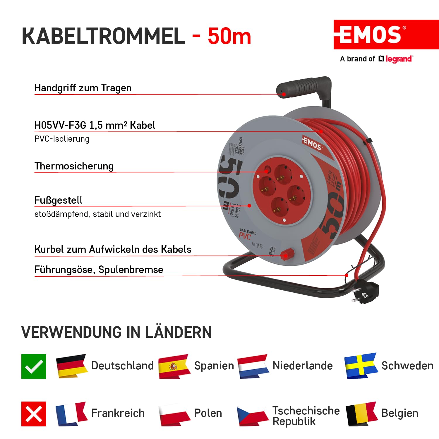 EMOS - Kabelhaspel 25m met schakelaar - 4 geaarde stopcontacten - 230 V, 16 A, 3680 W - hoogwaardige PVC-isolatie - H05VV-F3G 1,5 mm2 - oververhittingsbeveiliging - IP20 voor binnen