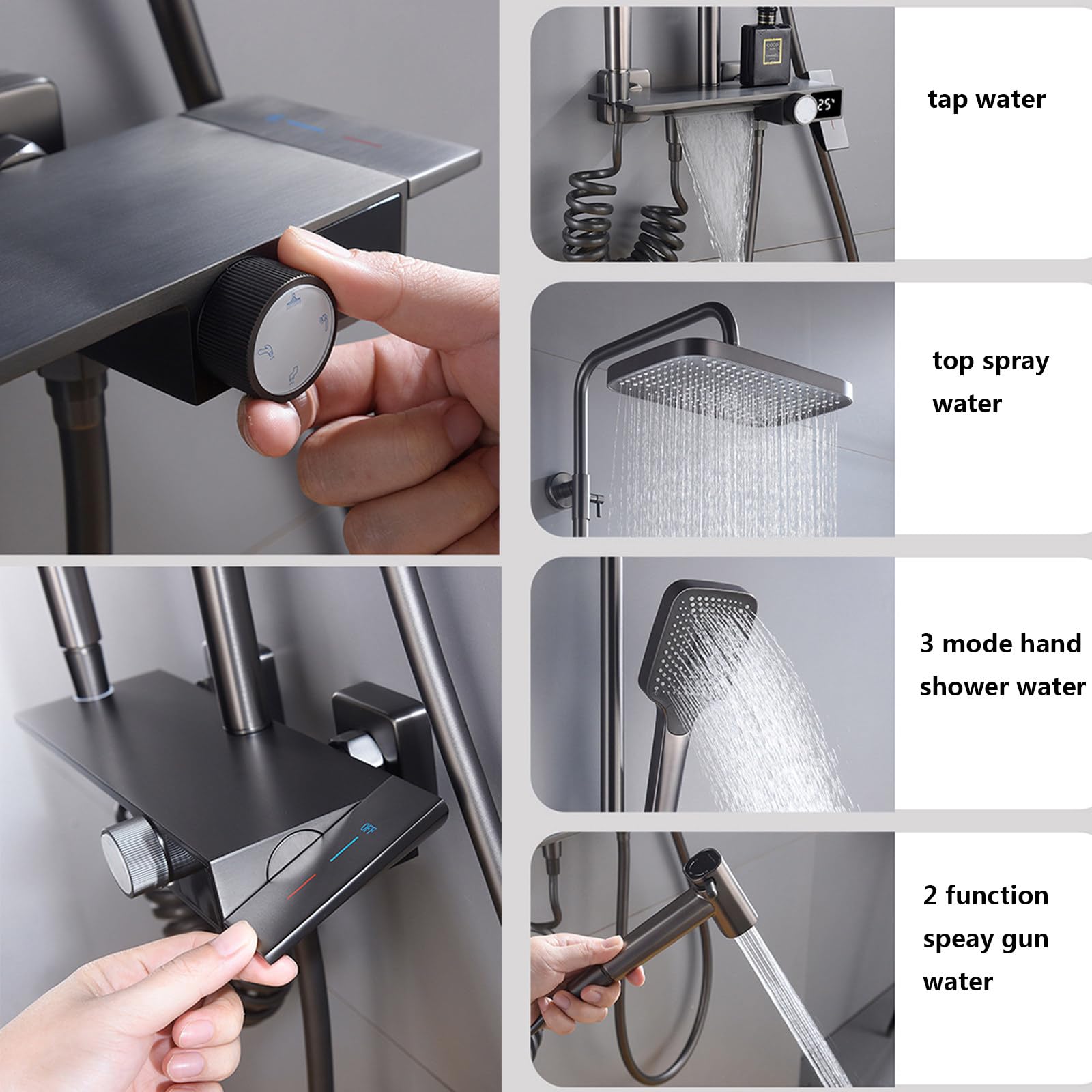 Sistema Doccia con Display Digitale a LED, Set di rubinetti a 4 funzioni, Montaggio a Parete, Combinazione Pioggia per Bagno, Vasca in Ottone con doccetta e Bidet (Bianco)