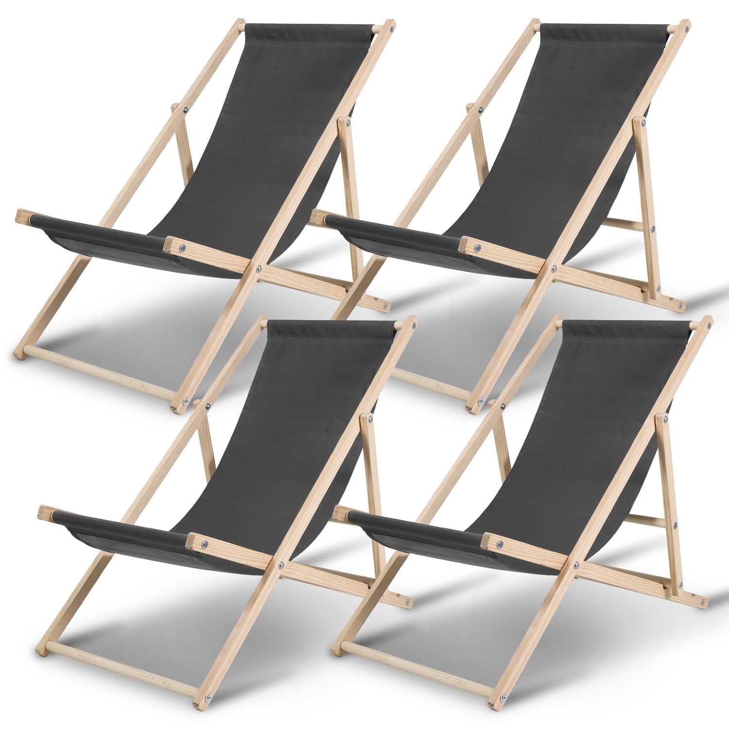 Set di 4 sedie a sdraio pieghevole in legno di pino con schienale a 3 livelli, portata fino a 120 kg, Oxford 420D, confezione doppia per balcone, spiaggia e campeggio, colore: grigio