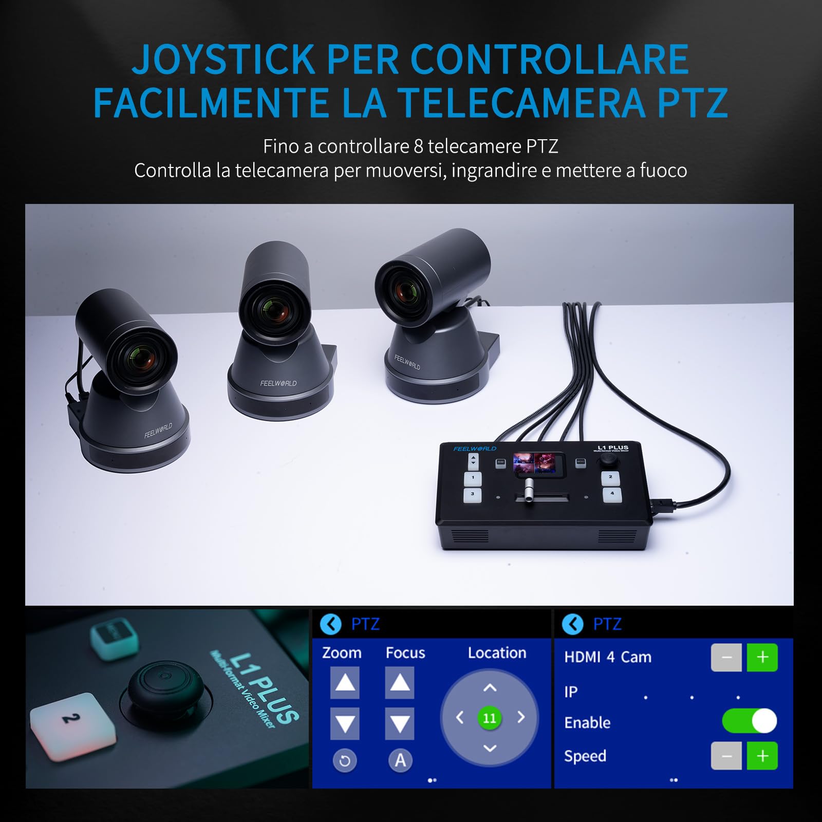 Feelworld L1PLUS Multi Camera Video Mixer Switcher with PTZ Controller HDMI USB3.0 2" Touch Screen
