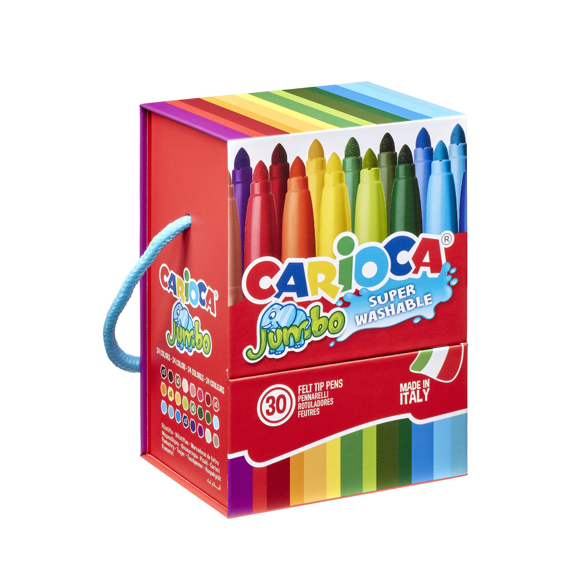 CARIOCA Jumbo Colors for Children - Super Washable Ink Markers, Maxi 6mm Tip, Maxi Octagonal Body, Gluten Free, Made in Italy (Rigid Box of 30 Markers)