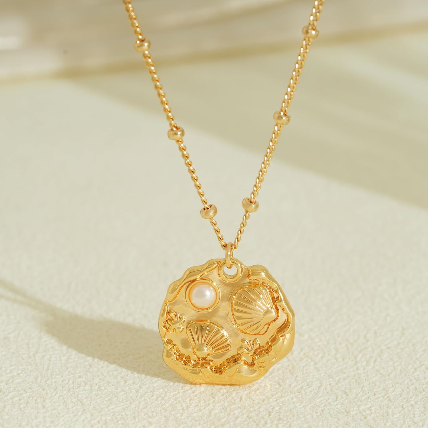 Fettero 14K Gold Plated Coin Pendant Necklace | Ocea Sea Summer Beach Boho Necklace | Adjustable Chain Gold Necklace | CZ Dainty Necklaces for Women - Image 5