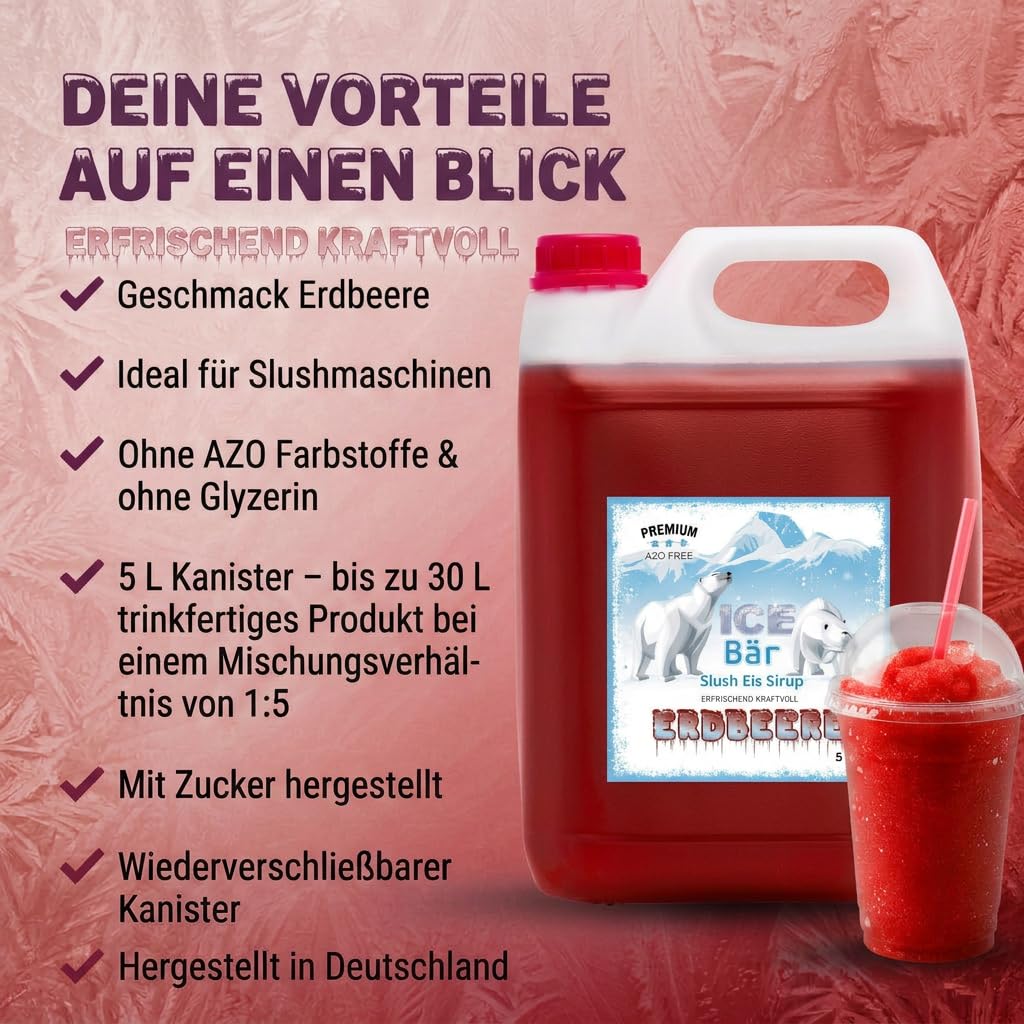 ICE Bär SLUSH Granizado 12 variedades afrutadas, 5 litros de concentrado, Sabor a fresa, granizador de hielo para máquina de hielo de bricolaje 5L (Paquete de 1)