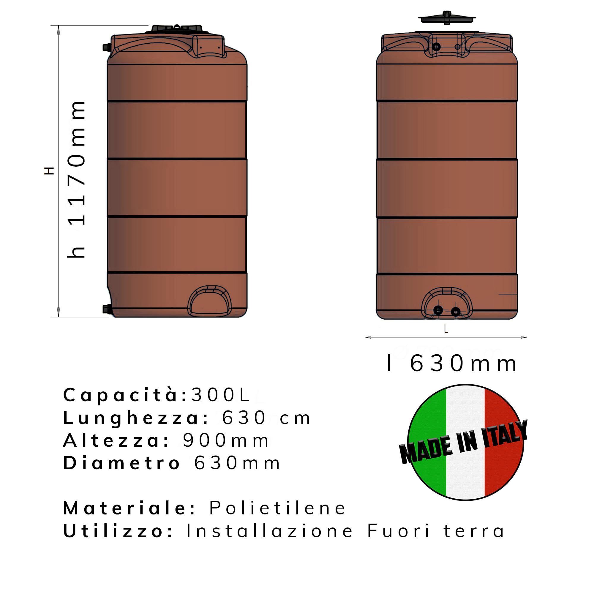 Esto Serbatoio Acqua Verticale FINTA TERRACOTTA 300L o 500 L Cisterna Cilindrica, Bidone Acqua Potabile in Polietilene Atossico Serbatoio Piovana, Pompa (300 Litri)