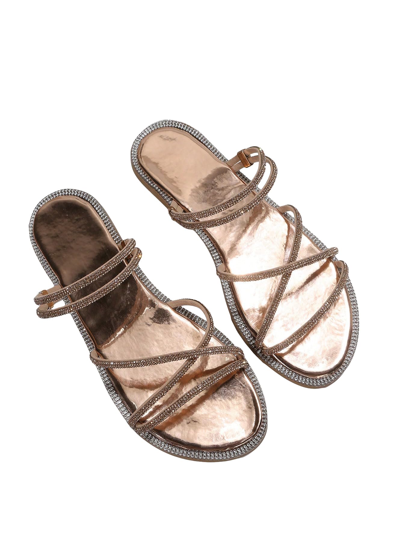 OYOANGLE Women's Rhinestone Strappy Open Toe Slide Sandals Slip on Casual Flat Sandals