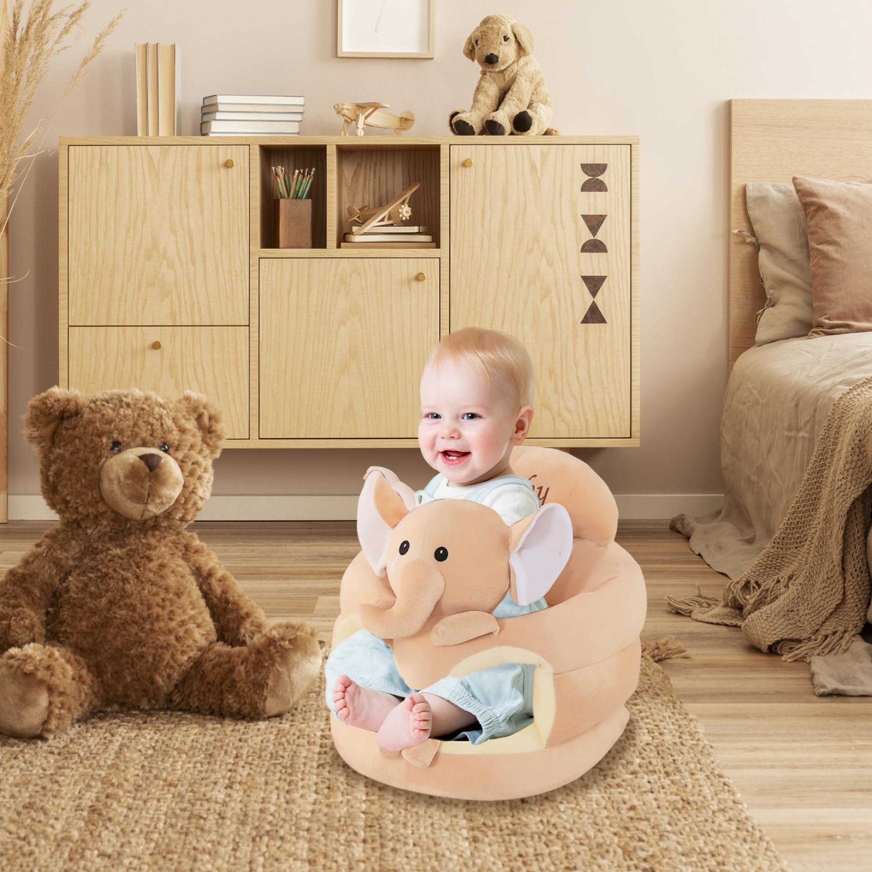 Seggiolino da pavimento per bambini in peluche con animali dei cartoni animati, 45x45 cm Sedia da pavimento con supporto per la schiena per neonato con elefante carino, seggiolino per bambini per sed
