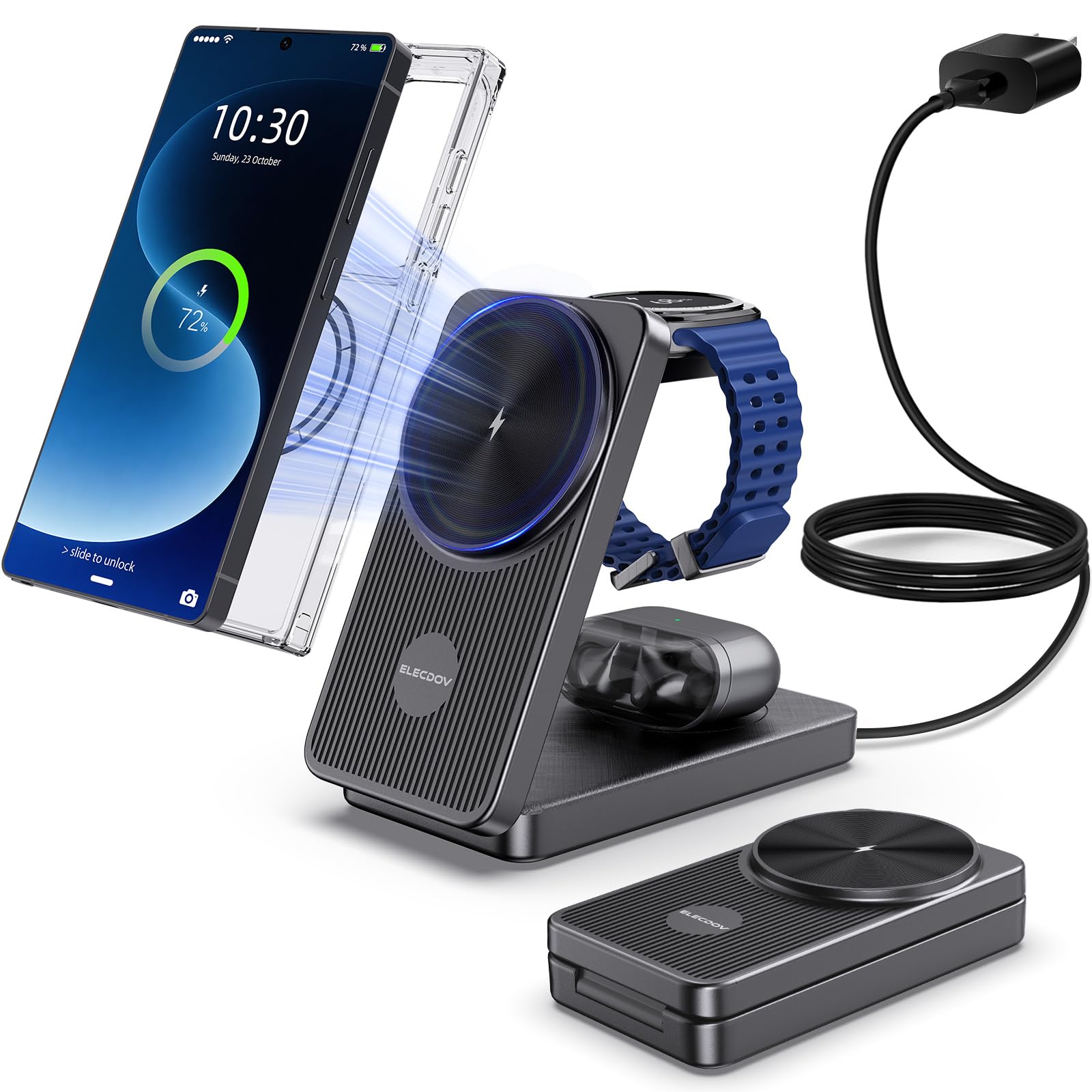 Magnetyczna Ładowarka Bezprzewodowa dla Samsung S26 Ultra/S25/S24/S23/Z Fold 7/Flip 7, Wireless Charger 3‑w‑1 for Galaxy Watch 8/7, Składany Stojak Podróżny dla Buds 4 Pro
