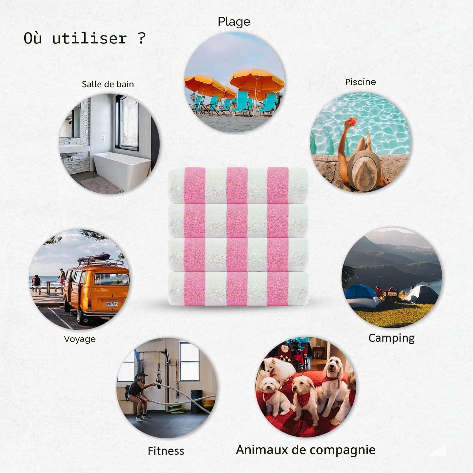 Casa Copenhagen Lot Cadeau de 4 Serviettes de Plage Cabana aux Rayures Design Rose poudré XL Taille 76x152cm 100% Coton pour Piscine et Bain Coffret pour Femmes et Hommes