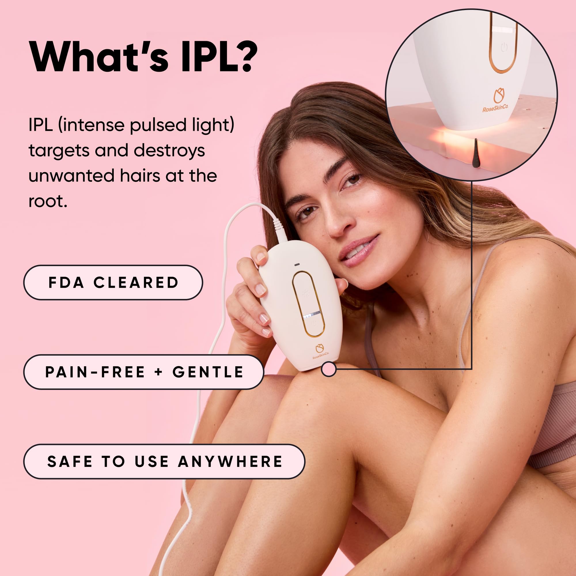 RoseSkinCo Lumi, dispositivo di depilazione laser IPL, a casa con luce pulsata intensa, dispositivo portatile per ridurre i peli a lungo termine su viso, bikini, braccia, ascelle, sicuro e delicato
