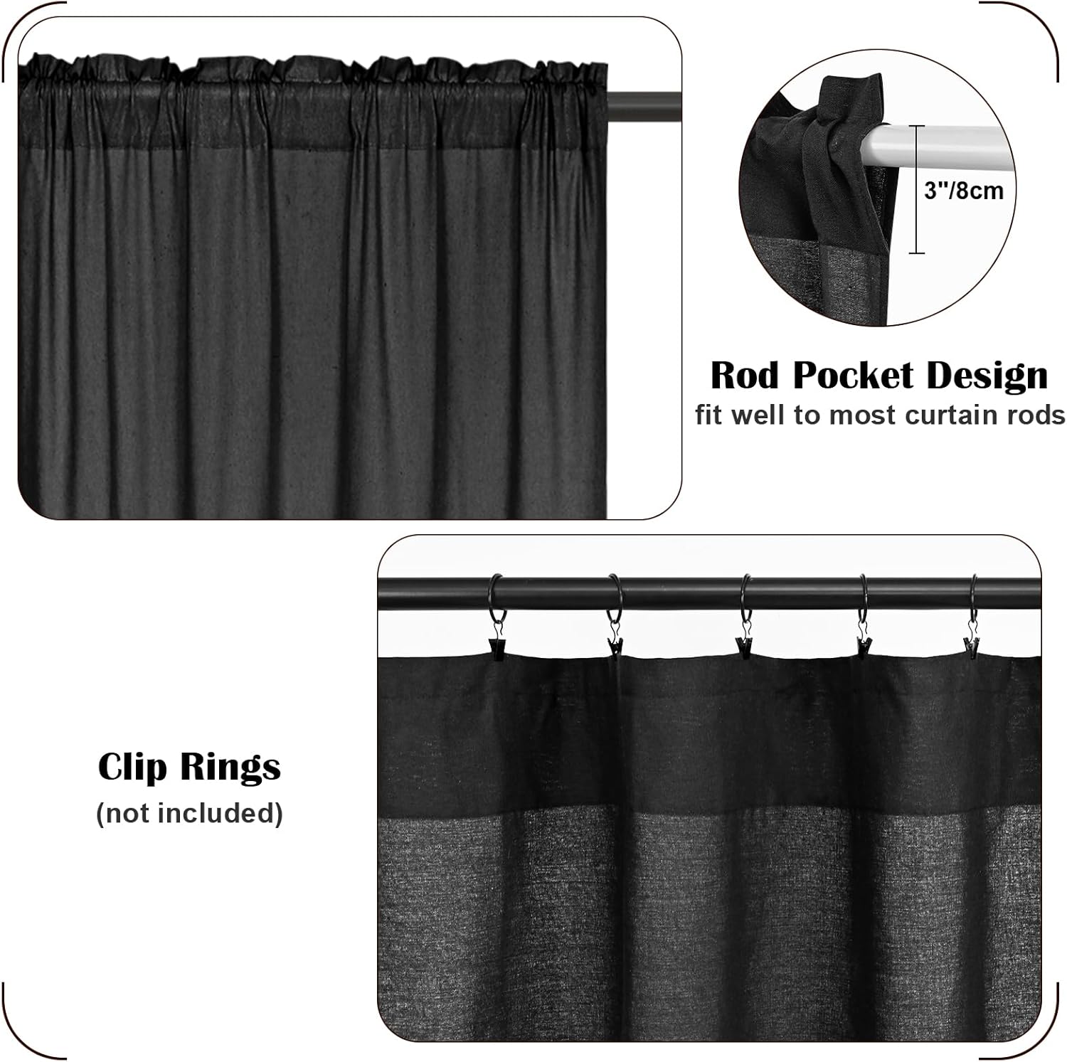 FRAMICS Farmhouse Valance Curtains, Boho Cotton Linen Kitchen Valance, Black Rustic Button Window Valance for Kitchen Bathroom Bedroom, Country Rod Pocket Valances for Windows, Black, 52 x 18 Inch