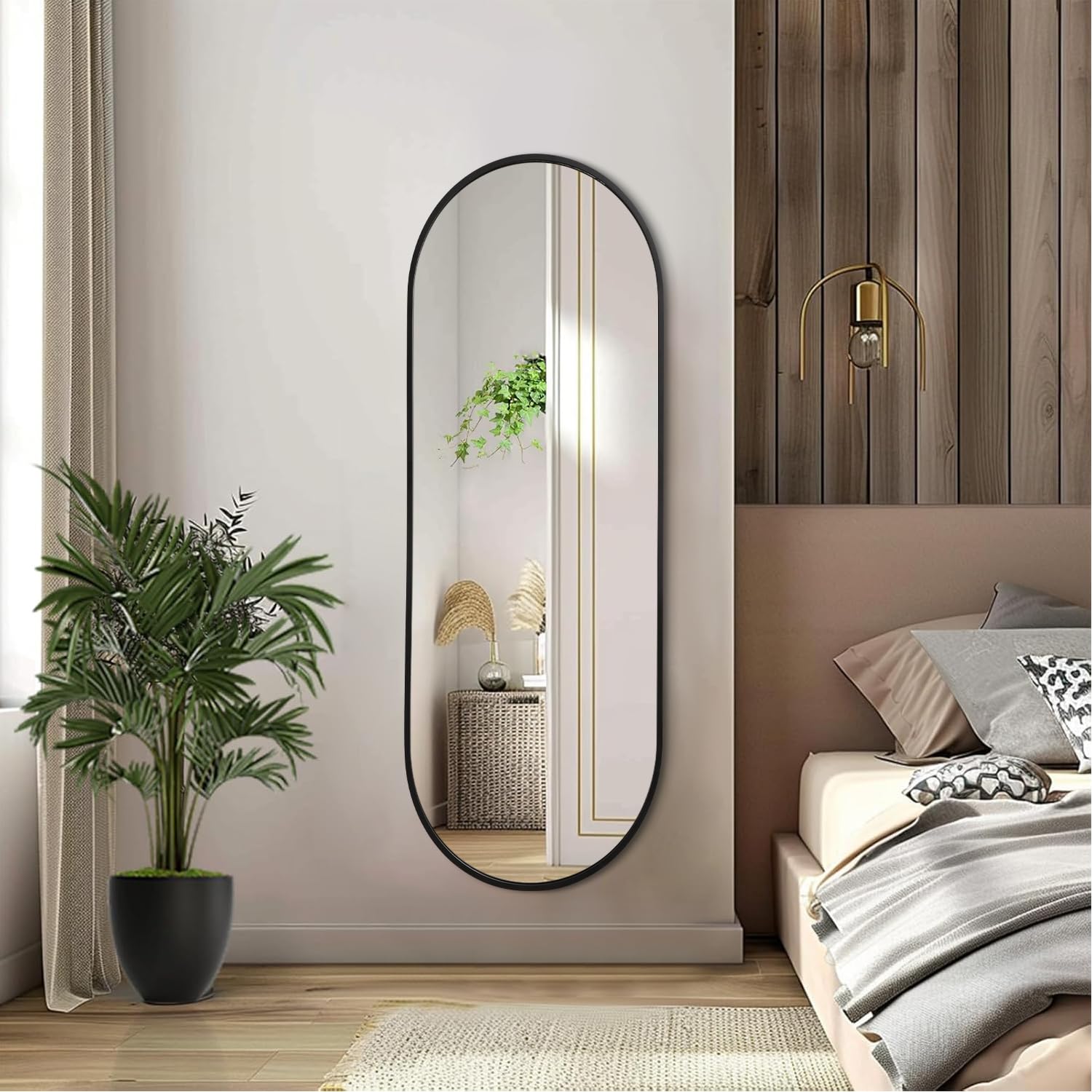 Specchio da parete ovale nero per bagno, specchio a figura intera, cornice in alluminio in metallo, specchi da parete 120 x 40 cm, specchio oblungo a forma di pillola, per vanità, soggiorno,