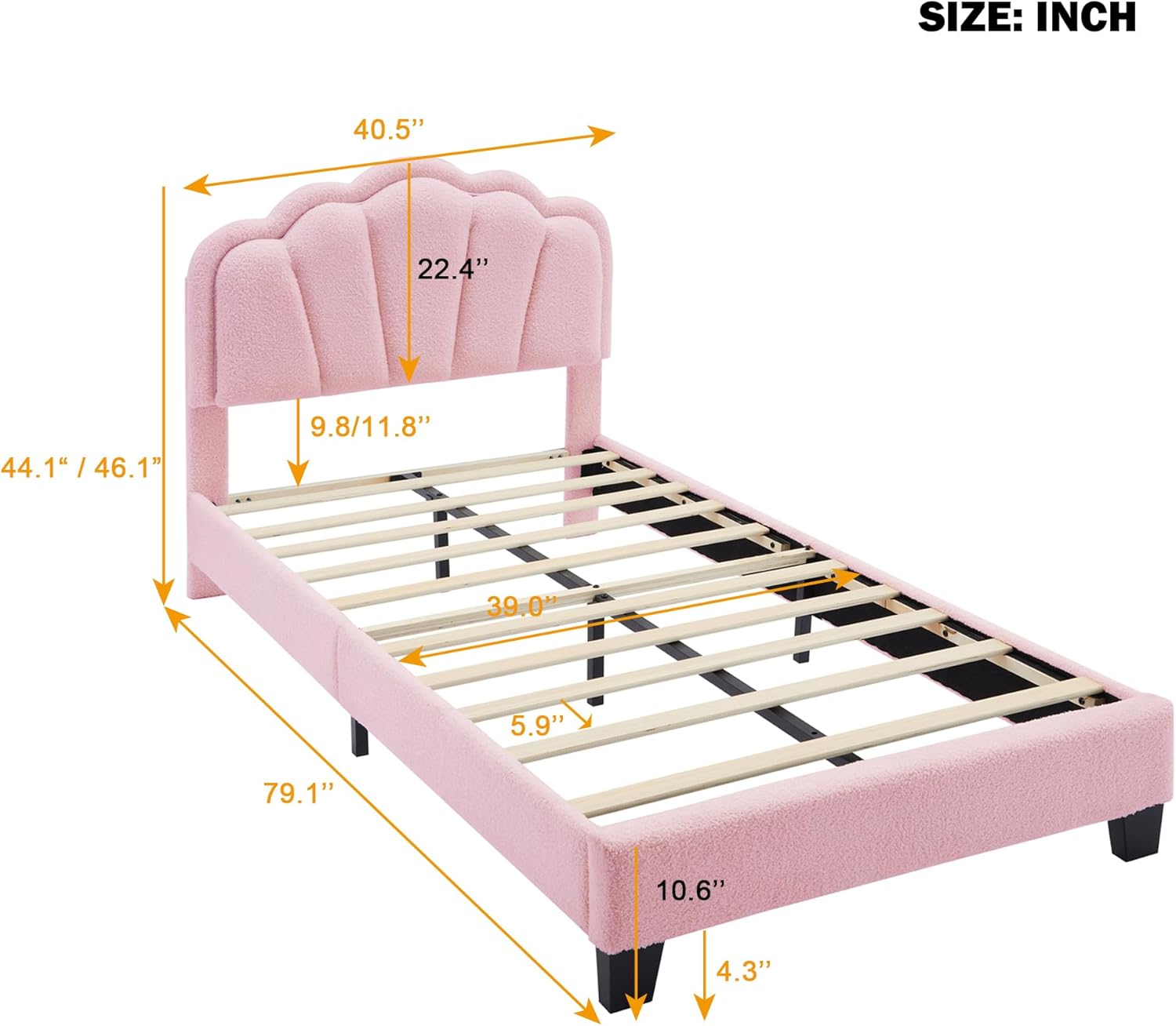 Twin Size Upholstered Bed with Elegant Flowers Headboard and LED Light Strip, Sherpa Fabric Platform Bed with Wooden Slats Support, No Box Spring Needed, Pink