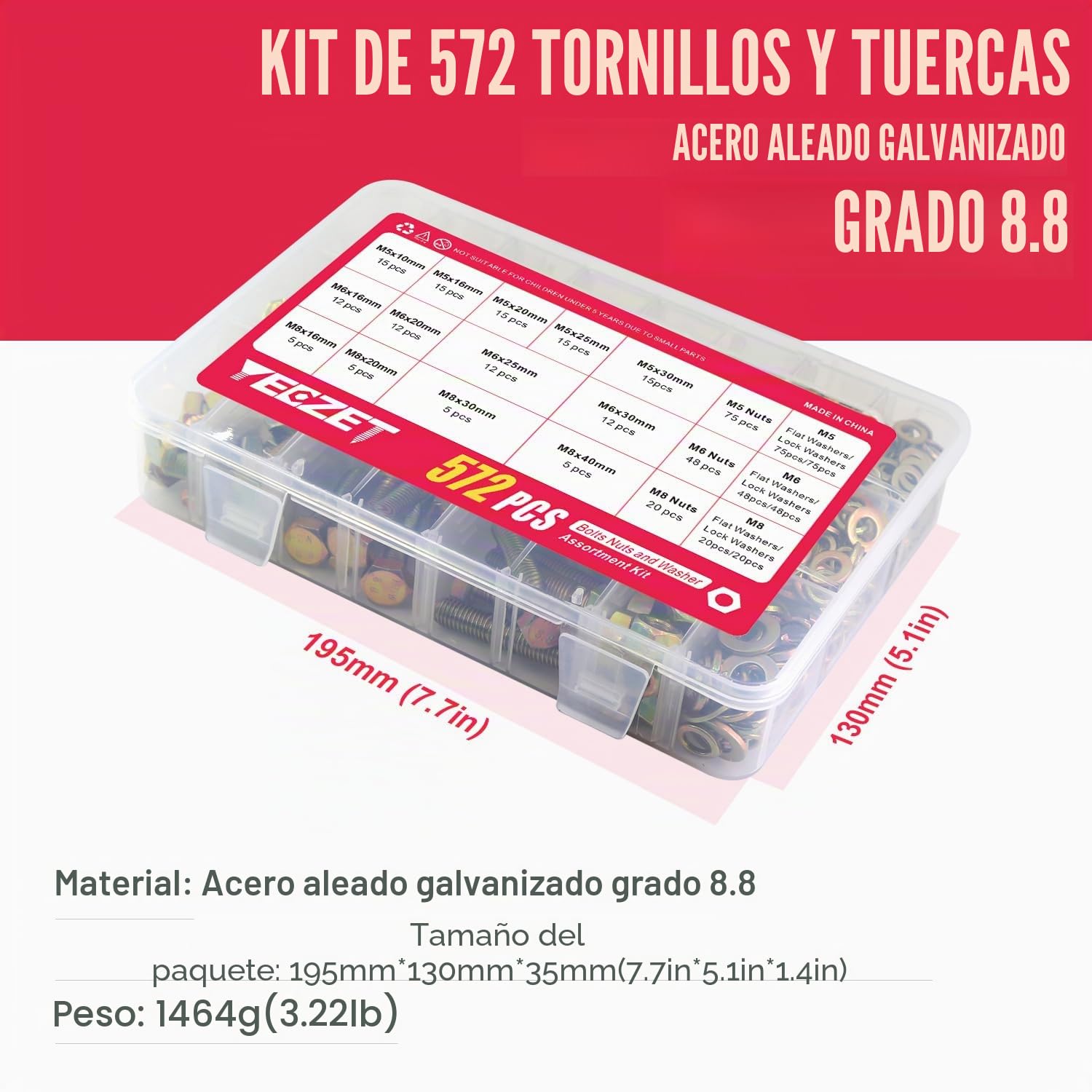 572pcs Juego de Pernos y Tuercas, M5 M6 M8 Juego de Arandelas de Tuercas de Pernos Hexagonales, 13 Tamaños, Galvanizado Amarillo, Grado 8.8