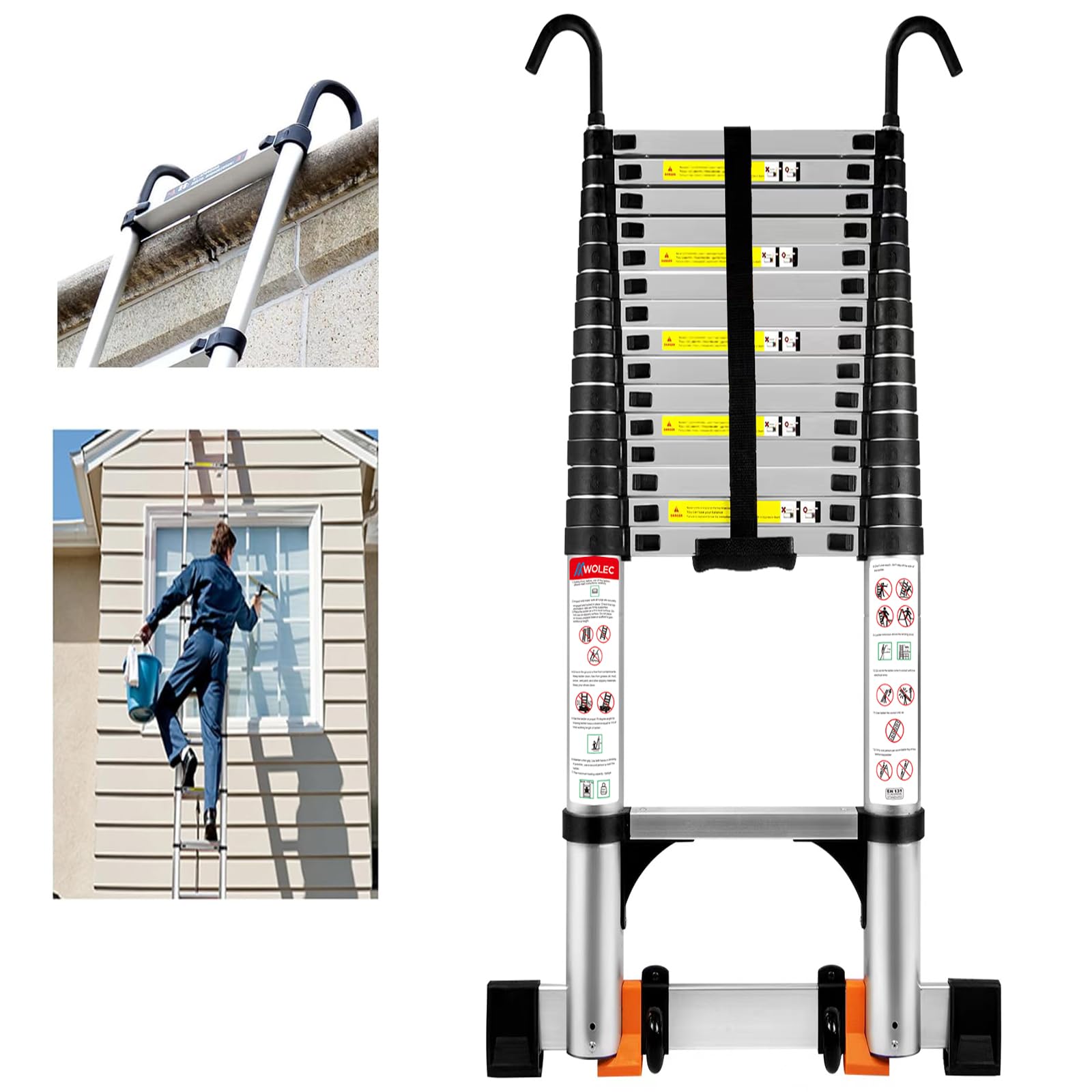 Wolec 20.3 FT Telescoping Ladder, Adjustable Multi-Purpose Collapsible Extension w/Hooks, Foot Caps, Wheels & Stabilizer, Heavy Duty 330 lbs Max Capacity, Ideal for Home and Outdoor Work, Silver