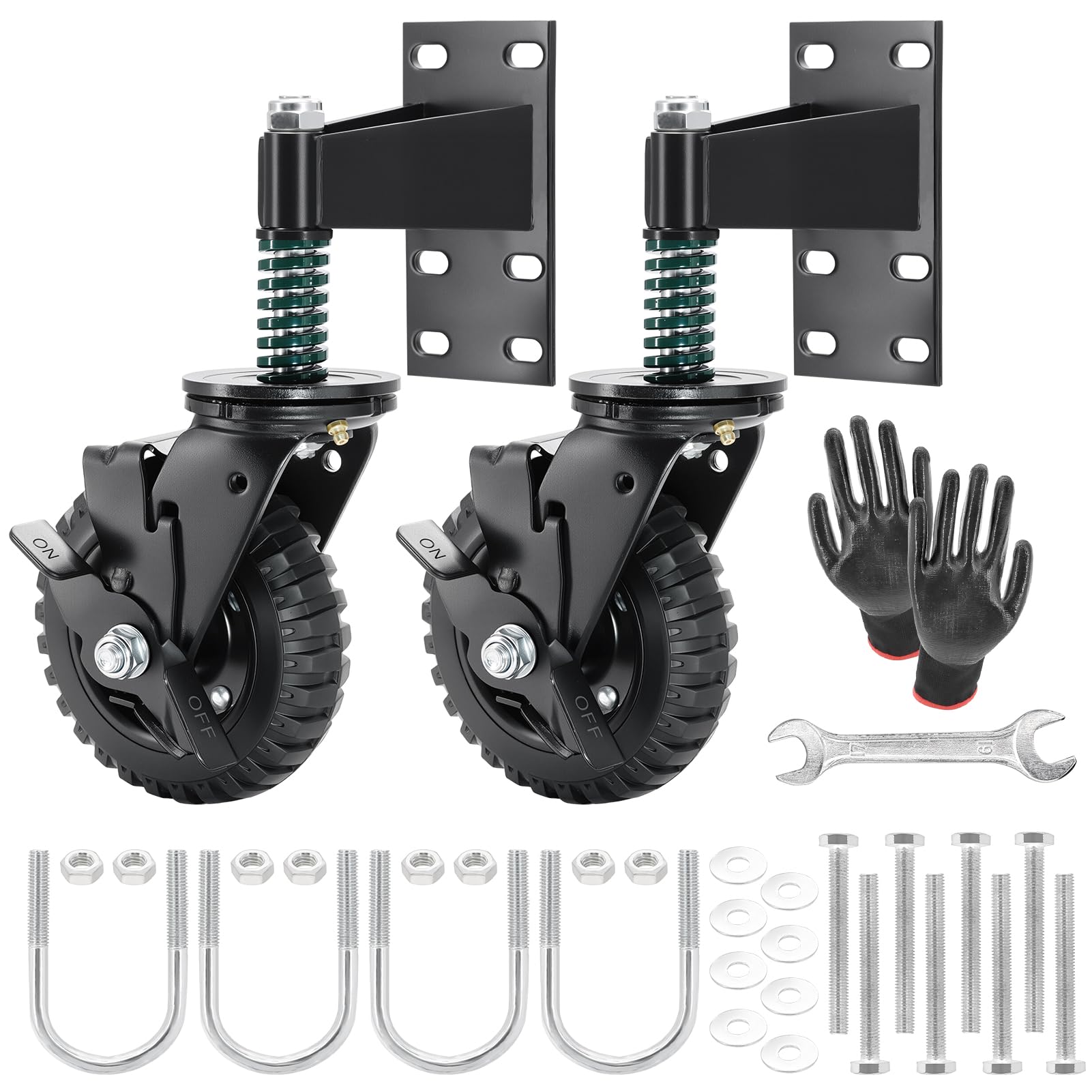 2Pcs 6 Inch Fence Gate Wheels with Brake 2 Install Heavy Duty Gate Wheels for Metal Wooden Gate Sliding Hardware 500lb Capacity 360° Rotation Spring-Loaded Farm Garden Caster Screwdriver Gloves Black