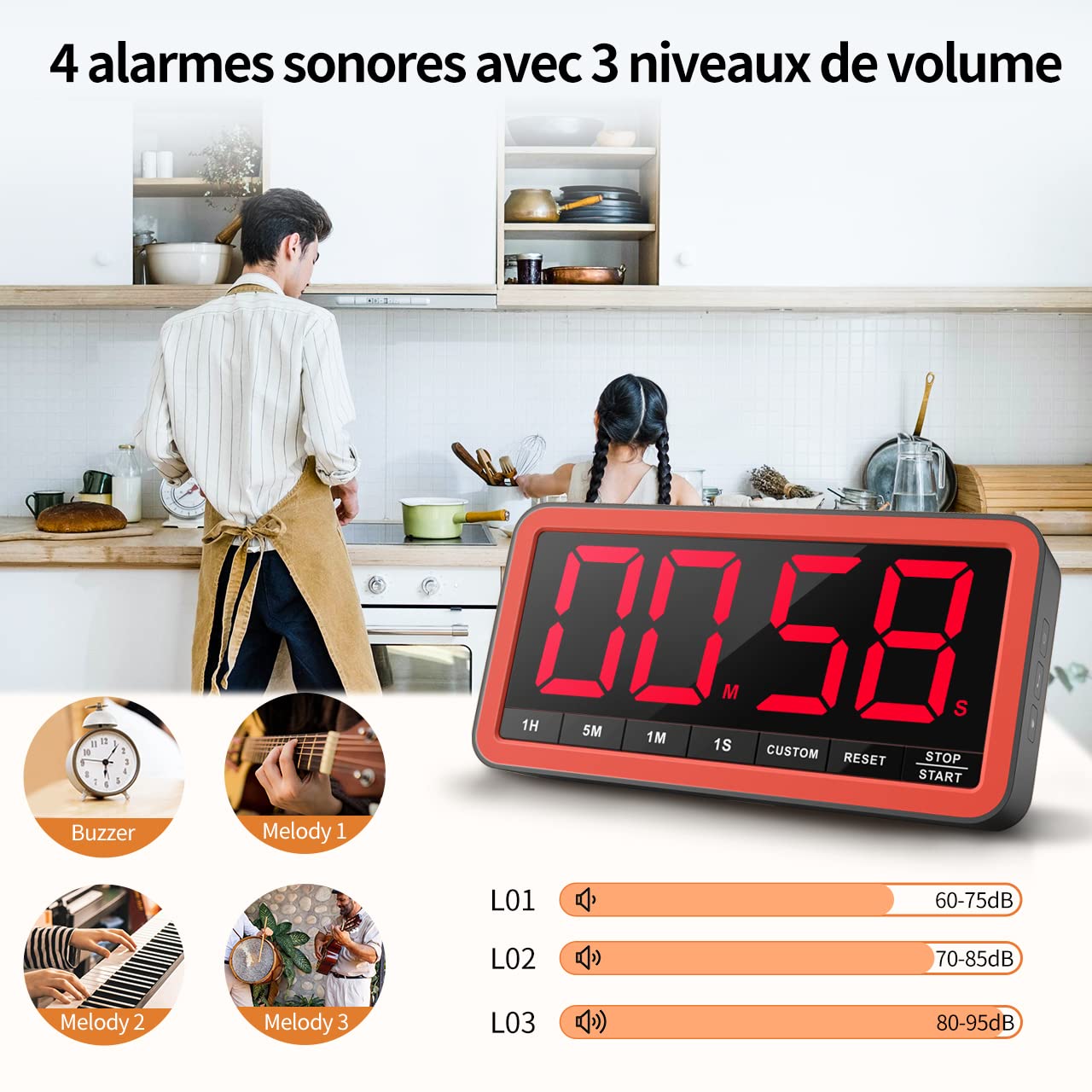 VOCOO Grand minuteur numérique pour la cuisine: Minuteur magnétique à LED avec 3 niveaux de luminosité, 4 alarmes et 3 niveaux de volume, Compte à rebours à piles pour cuisiner, Salle de classe et Gym