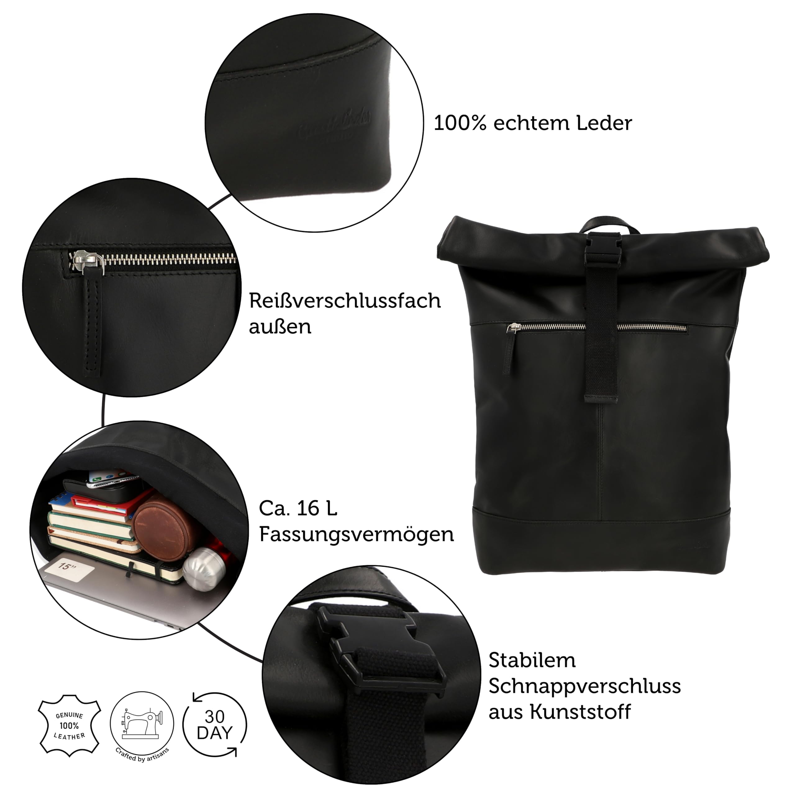 Gusti Leder Mattis Rolltop Rucksack Schwarz – Lederrucksack Herren Damen, Echtleder Vintage Backpack, Großes Fassungsvermögen, Laptop Rucksack
