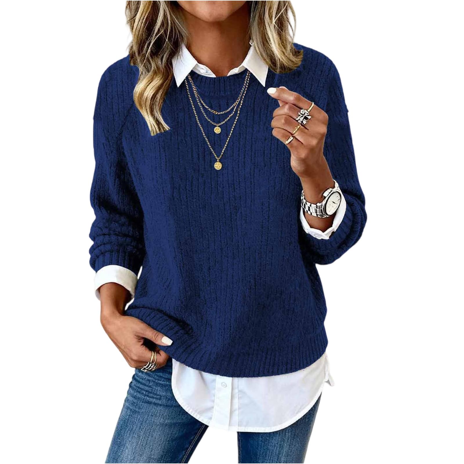 Ribbed Knit Sweater for Women Cozy Soft Long Sleeve Crew Neck Tunic Sweater Tops Cute Fall Sweaters Shirt
