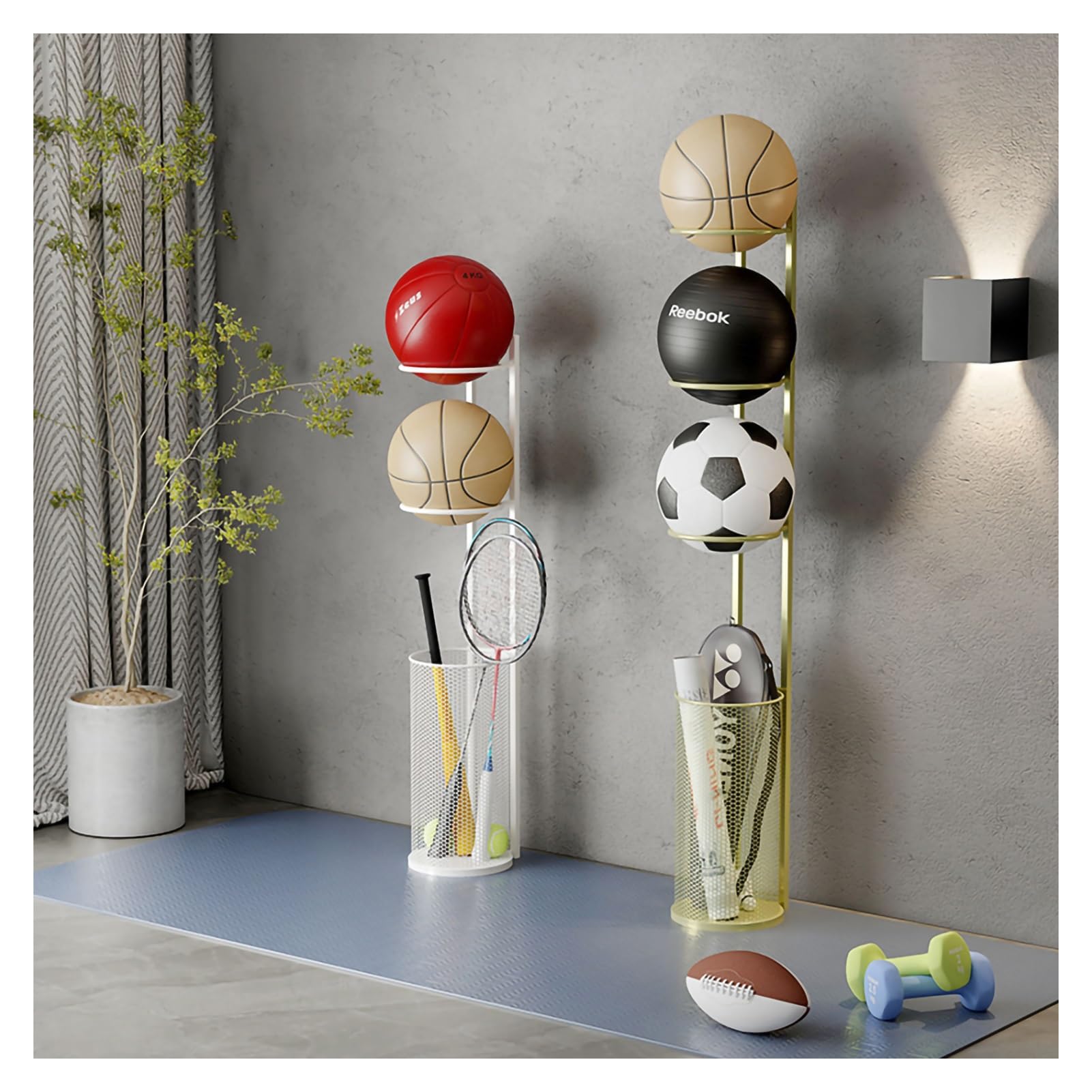 Port, scaffale verticale in metallo per attrezzature da tennis, basket, badminton, calcio, ping pong, espositore verticale in metallo, per garage o uso interno (stile 1, nero)