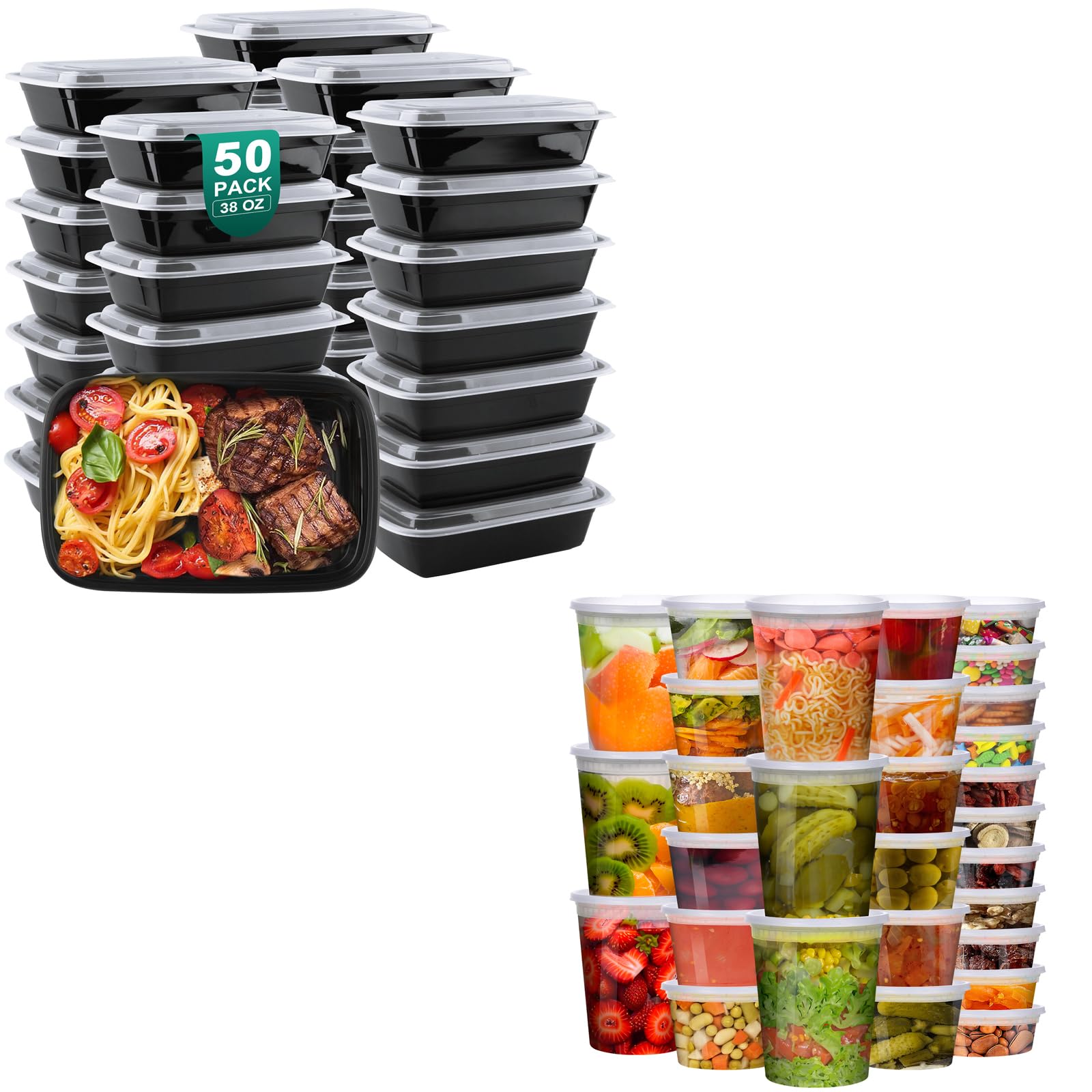 KEEP COLDER 38oz Meal Prep Containers 50pack and 48 Sets Deli Containers with Lids - 8oz, 16oz, 32oz and, Leakproof, BPA Free, Microwave/Dishwasher/Freezer Safe