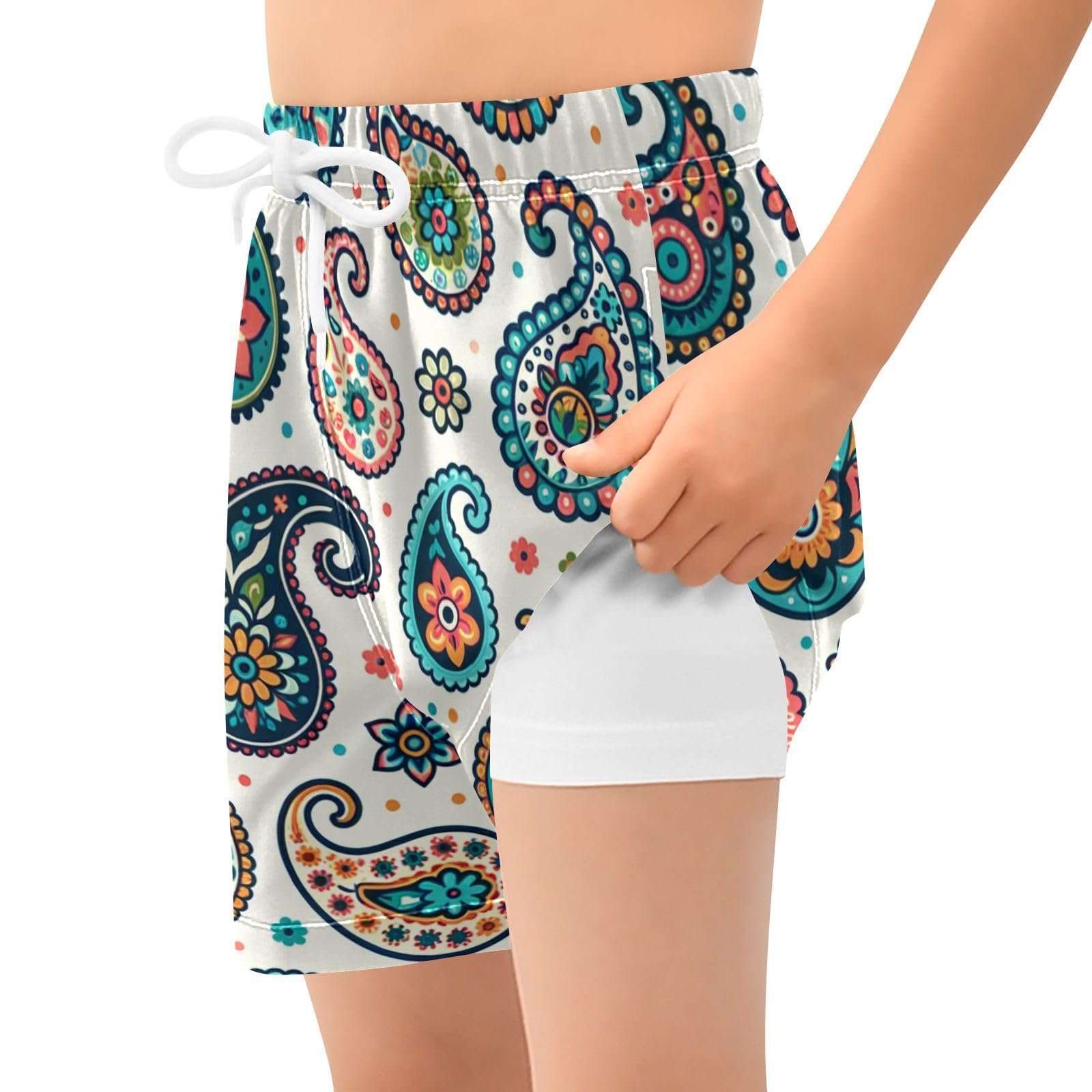 YANENDIE Boy Swim Trunks with Compression Liner Paisleys with Flowers Boys Swim Shorts Quick Dry Beach Shorts