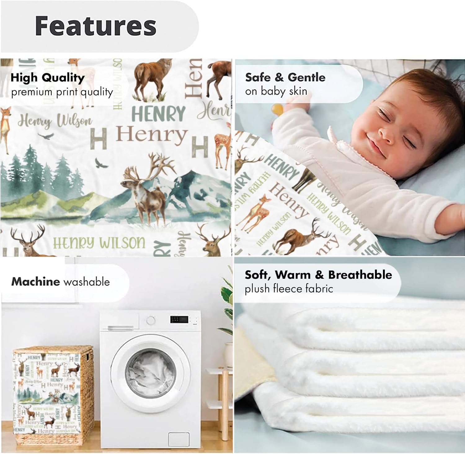 Personalized Deer Baby Blanket, Custom Name Soft Fleece Wrap, Woodland Stag Nursery Theme, Cozy Infant Bedding, Forest Scenery Newborn Gift