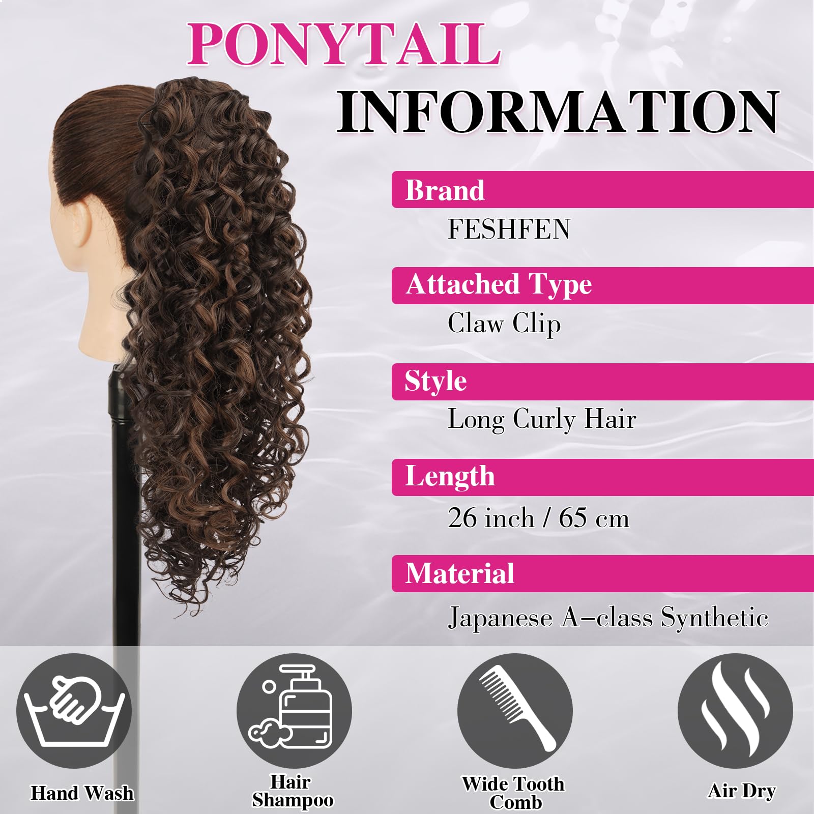 FESHFEN Pferdeschwanz Haarteil mit Klammer - Lange Locken Mischung aus Braun Ponytails Claw Clip in Lockige Ponytail Haarteile Synthetik Haare Zopf Extension für Damen, 65 cm