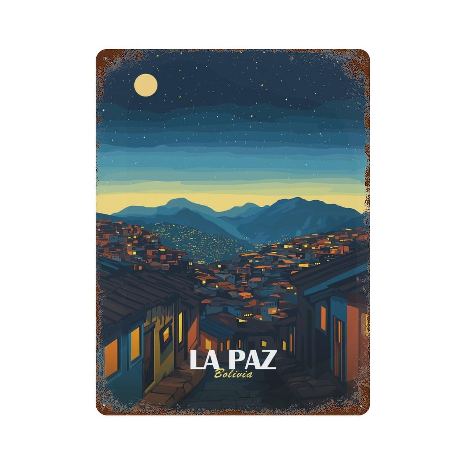 Rust Effect La Paz, Bolivia Nightscape Illustration Retro Metal Sign 15.7"x11.8", Classic Wall Plaque for Cafe, Home Bar And Lounge Decor