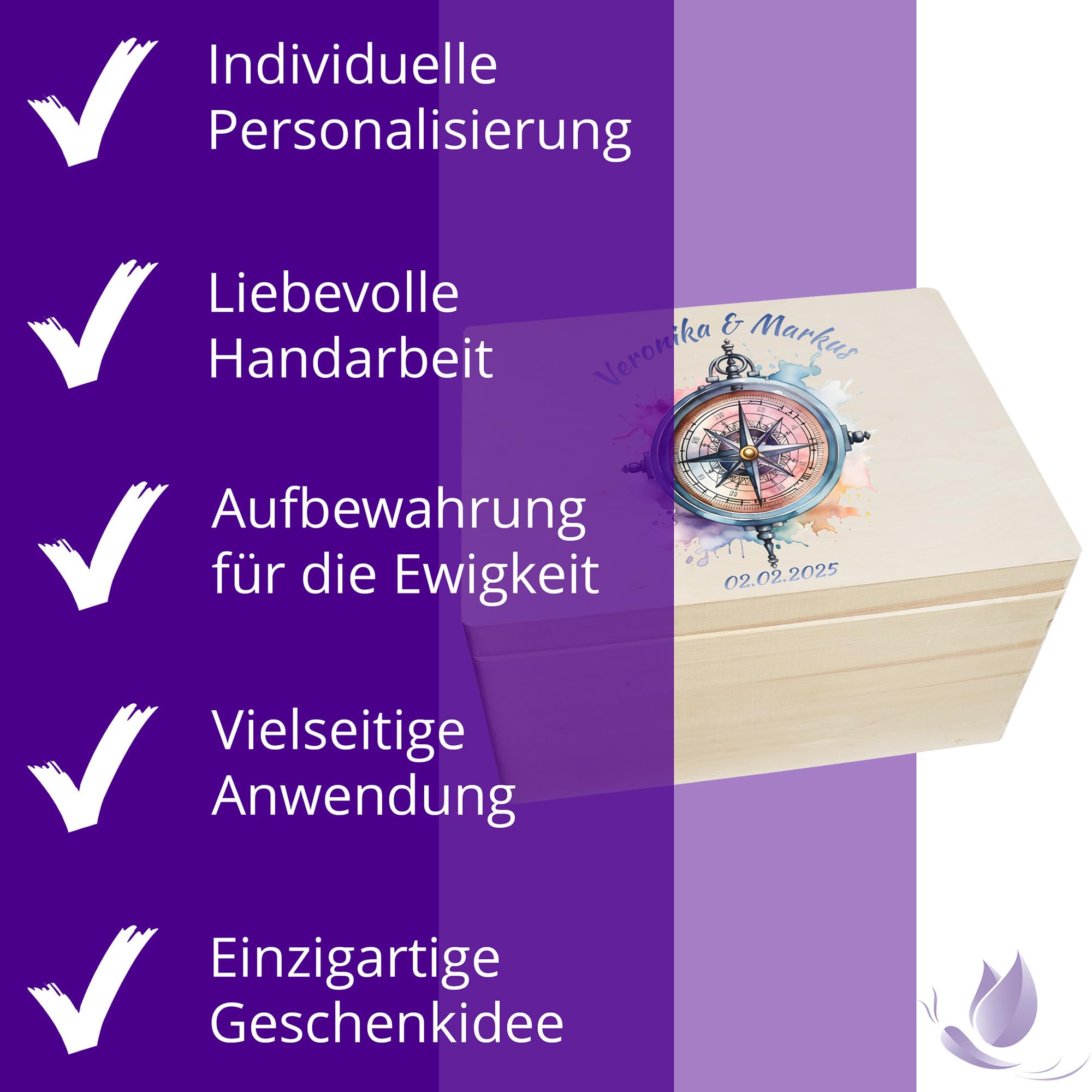 Erinnerungsbox personalisiert zur Hochzeit mit Druck farbig Kompass Regenbogen Aquarell 40x30x23cm - Hochzeitstag Holzkiste Erinnerungen