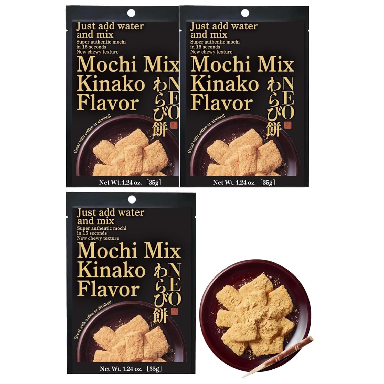 MINOYA WARABIMOCHI Japanese Sweets Wagashi Mochi Made In Japan (3 Packs, Kinako)
