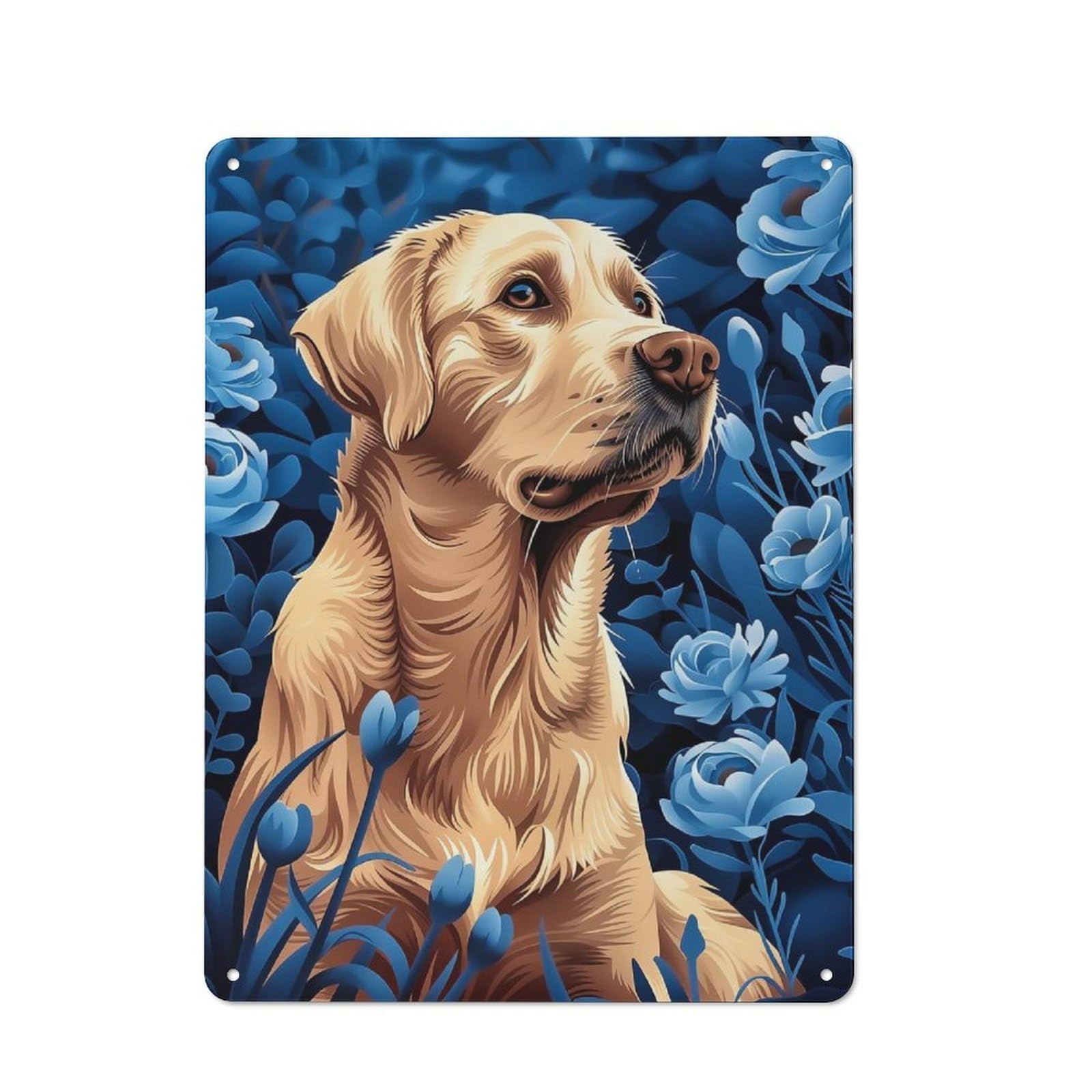 Junmoney Labrador Retriever In Blue Flowers Printed Metal Sign 40X30cm For Café Or Restaurant, New-Space Wall Decor For Café Owners And Decorators