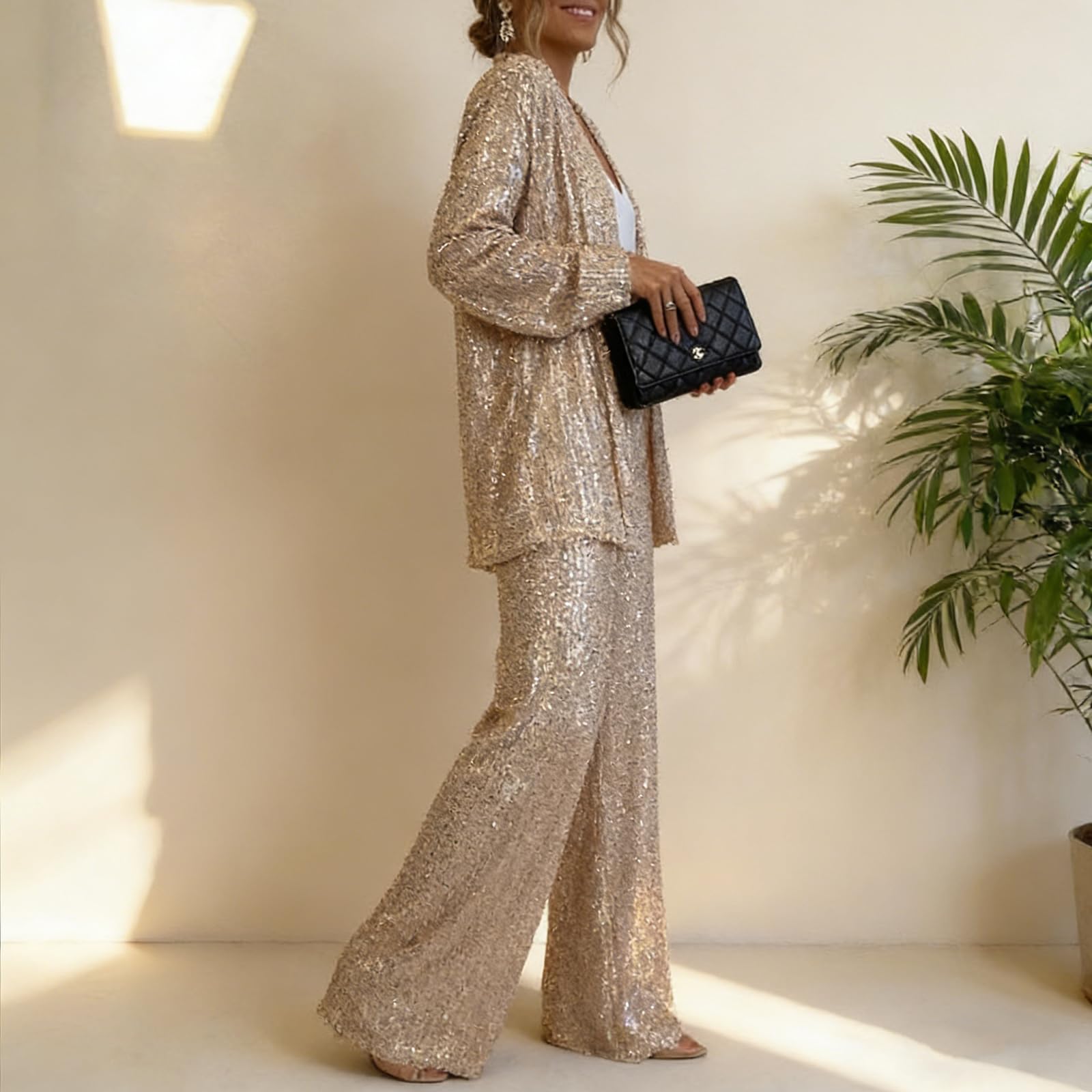 Paillettenbesetztes Ensemble für Damen, bestehend aus einem Blazer mit V-Ausschnitt und einer hoch taillierten Hose mit weitem Bein – ein funkelndes zweiteiliges Party-Outfit