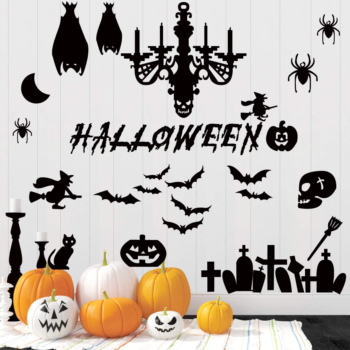 45 Pcs Halloween Wall Decals Large Removable Wall Stickers Black Window Clings Pumpkins Spooky Cemetery Castle Skeleton Spider Cats Ghost Candlestick Witch and Bats Tomb for Halloween Party Decoration