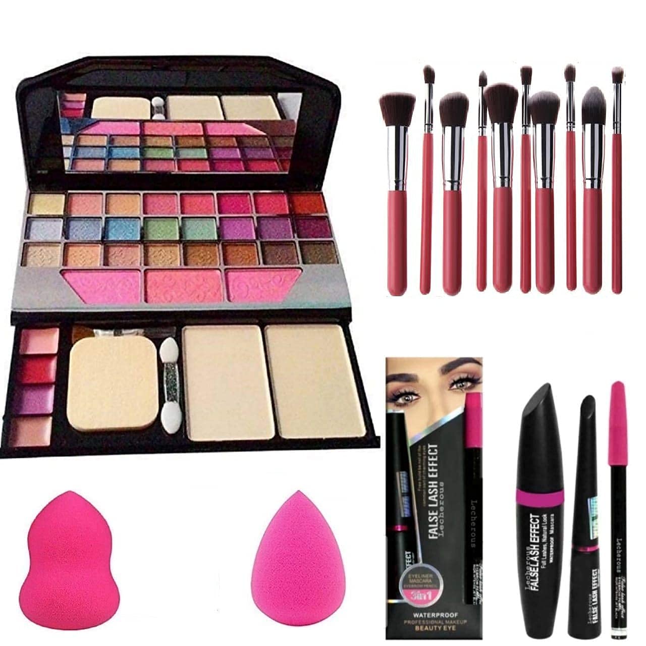 GRASP Combo of Face Makeup Kit With 7pcs Makeup Brush Set Different Size With Tya 6155 Makeup Kit + 2 Pc Beauty Blender Puff And 3in1 (Kajal+mascara+eyeliner) (Set Of 7)