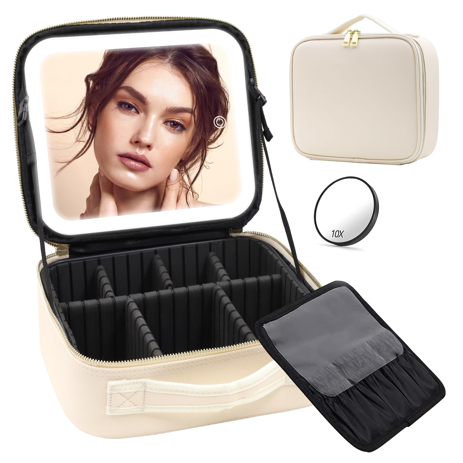 HmggoofaPortable Travel Makeup Case with Lighted Mirror, 3 Color Adjustable Brightness, Beige